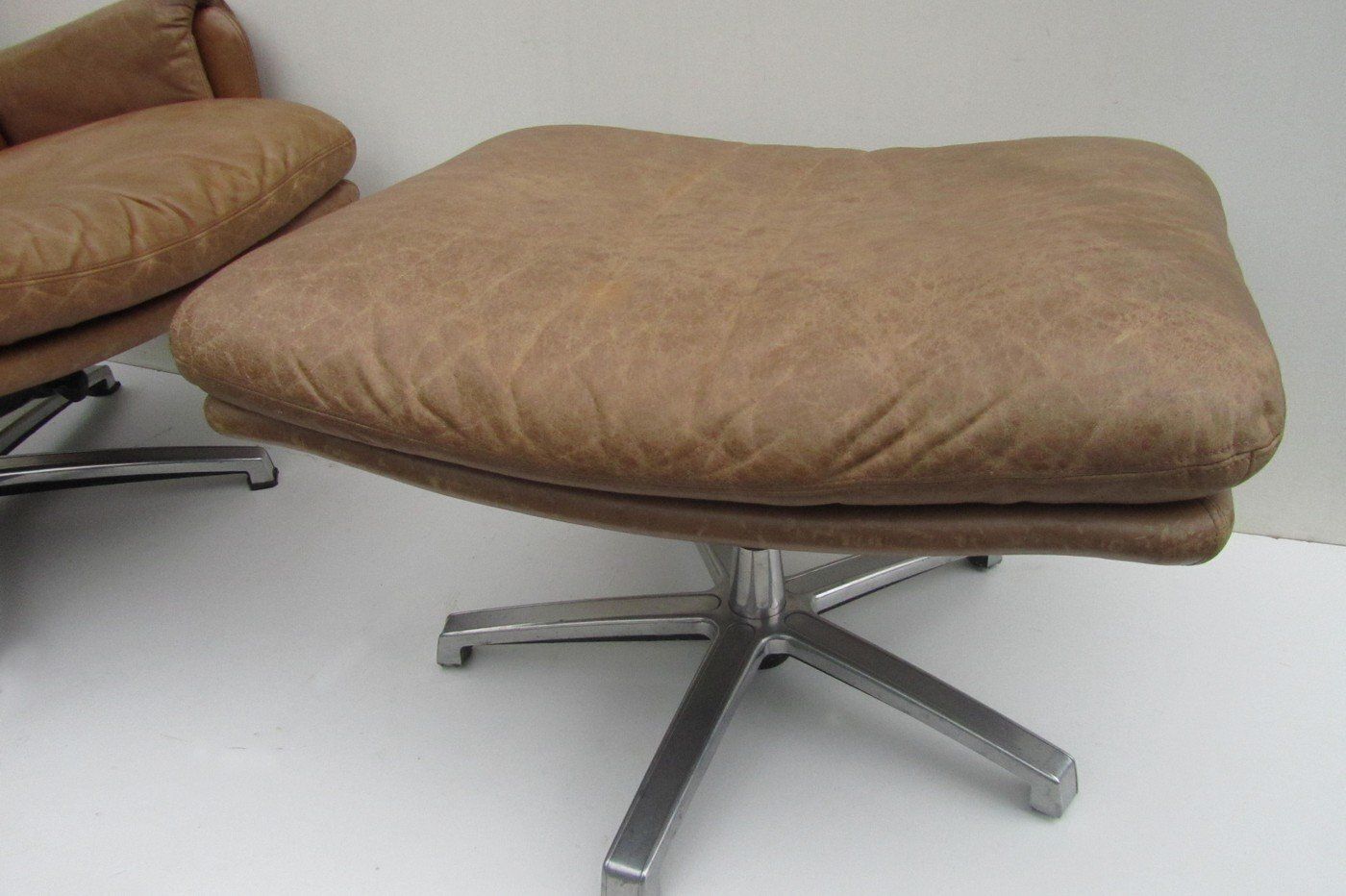 Set Of Mid Century Leather High Back Swivel Armchair With Ottoman, 1960s photo vinterior