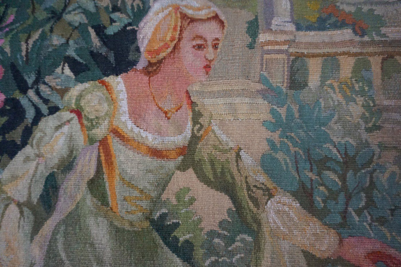 Antique French Aubusson Tapestry With Romantic Scene photo vintage