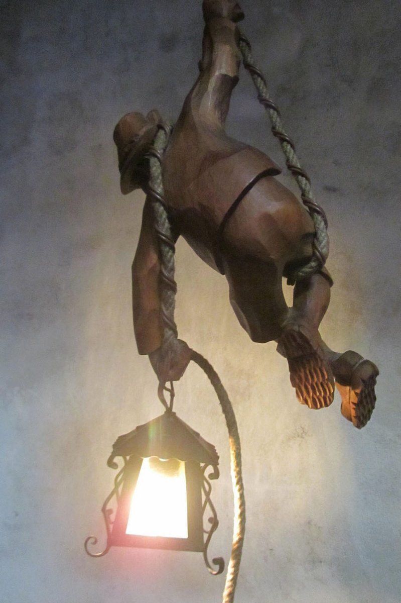 Vintage Carved Wooden Pendant Lamp Mountain Climber & Lantern In Black Forest Style, 1960s photo vintage