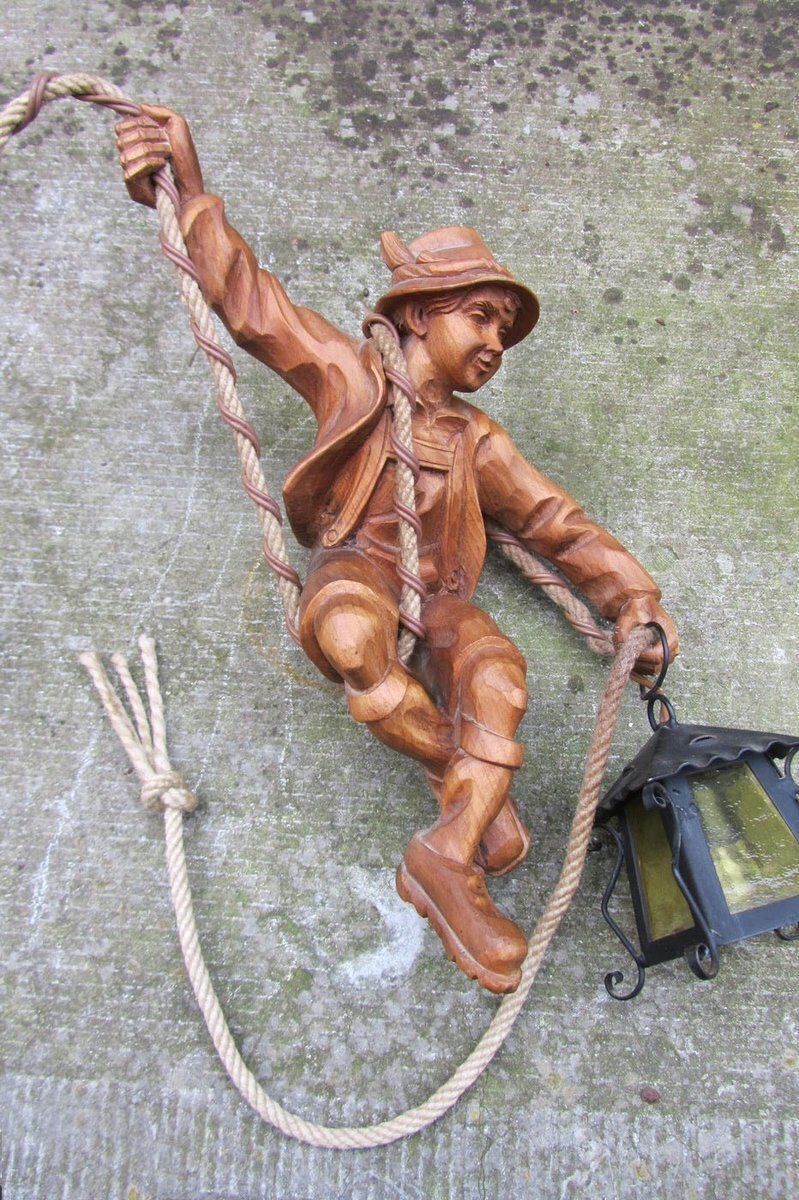 993.0 Vintage Carved Wooden Pendant Lamp Mountain Climber & Lantern In Black Forest Style, 1960s photo
