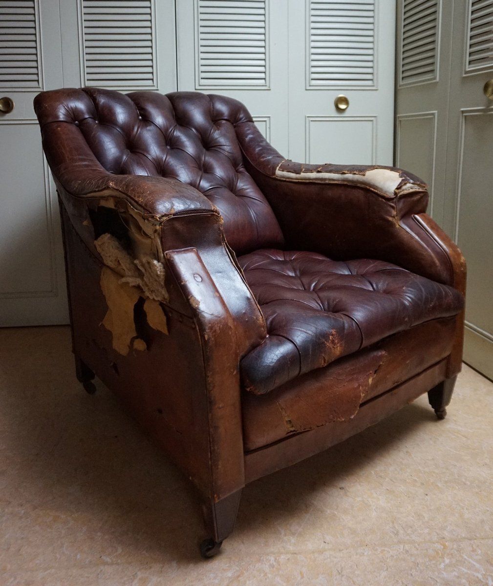 19th Century Distressed Leather Chesterfield Library Armchair