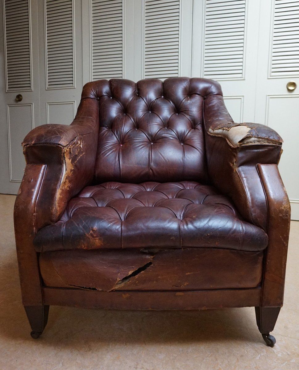 19th Century Distressed Leather Chesterfield Library Armchair photo 1518.0