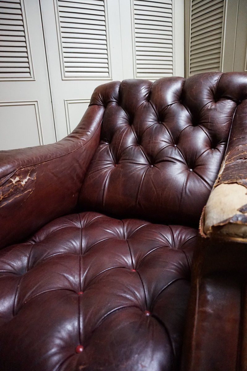 19th Century Distressed Leather Chesterfield Library Armchair photo buy