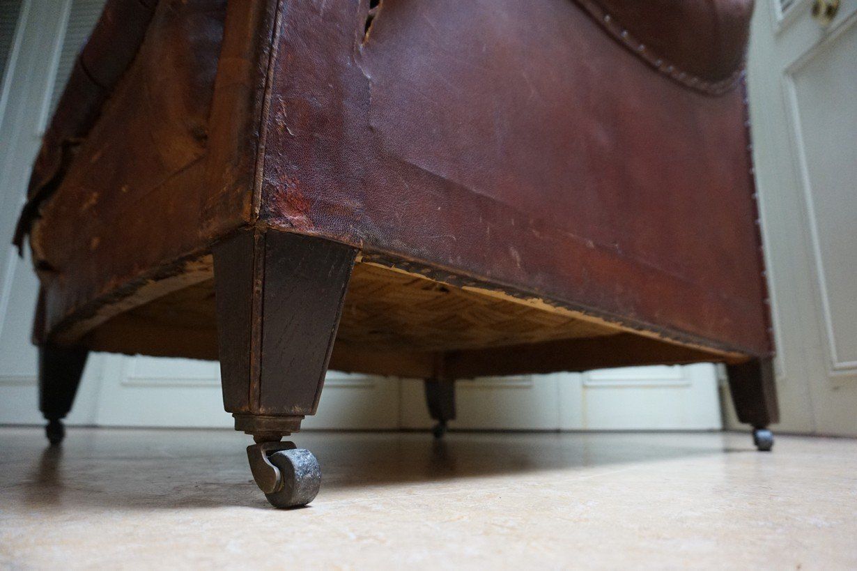 Furniture 19th Century Distressed Leather Chesterfield Library Armchair photo