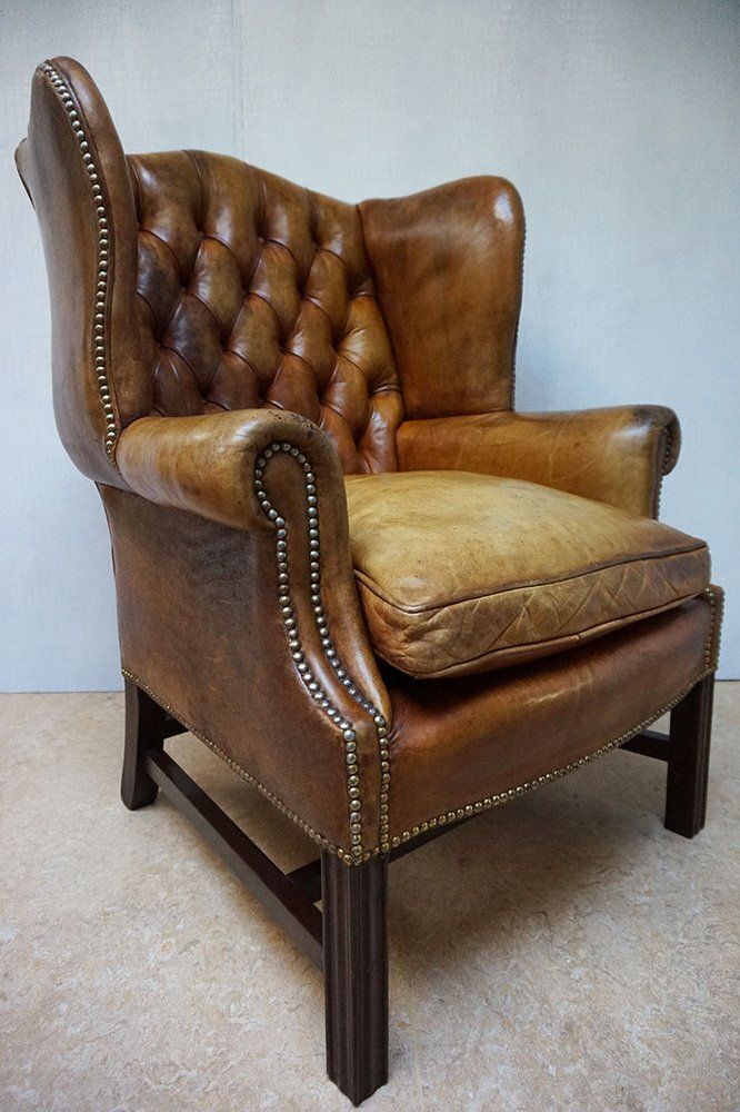 Mid Century Cognac Leather Chesterfield Wingback Armchair, 1960s