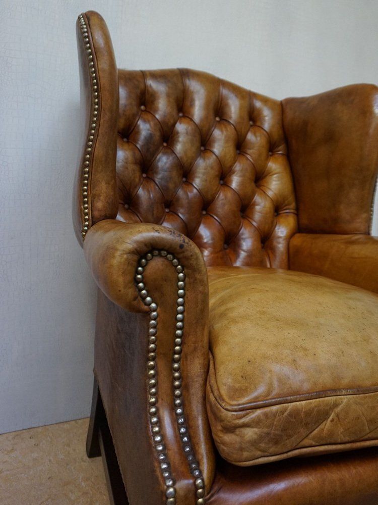 Mid Century Cognac Leather Chesterfield Wingback Armchair, 1960s photo vintage