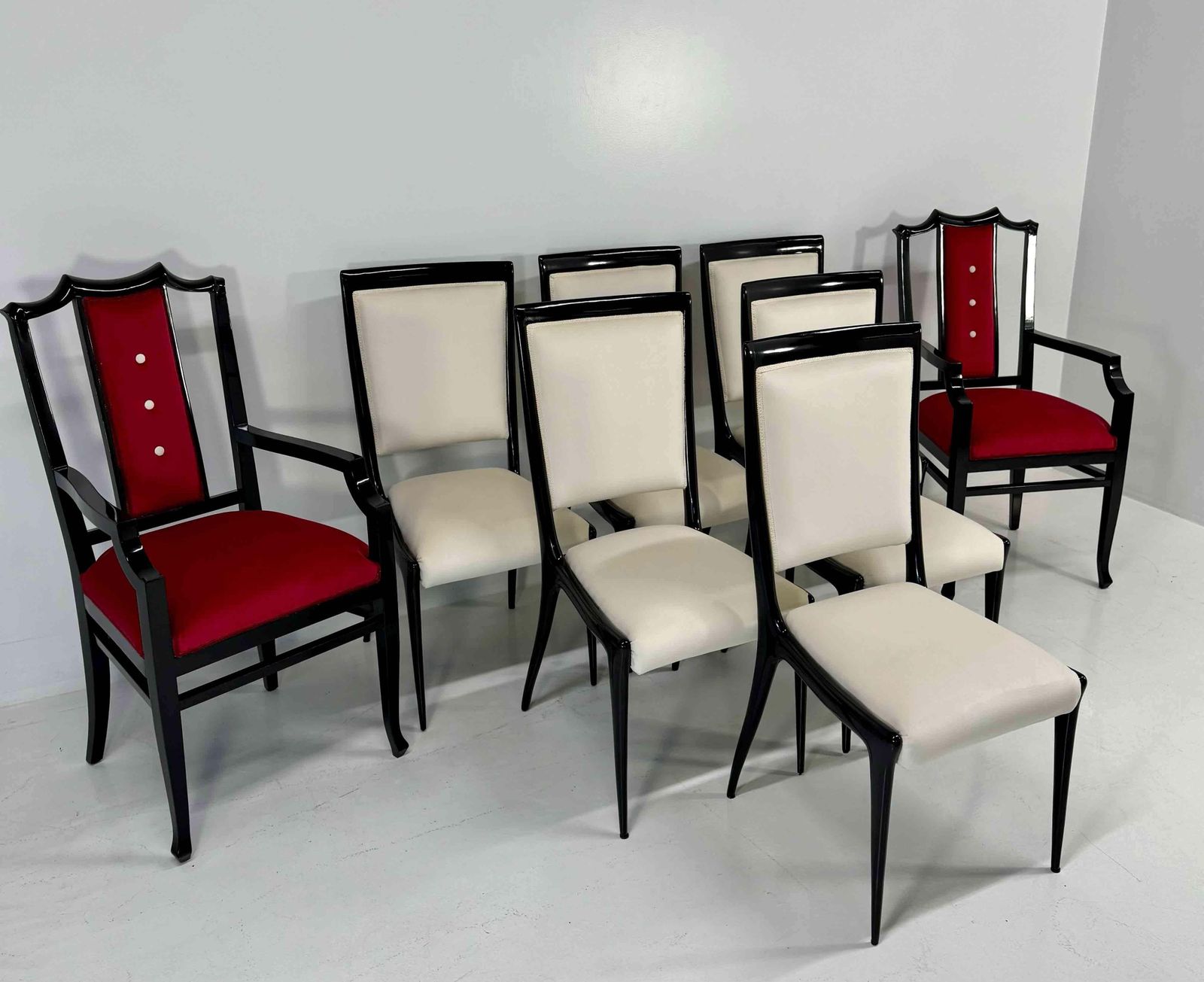 Set Of 8 Seats With 6 Chairs And 2 Armchairs, Black Lacquered Wood And Velvet photo for sale