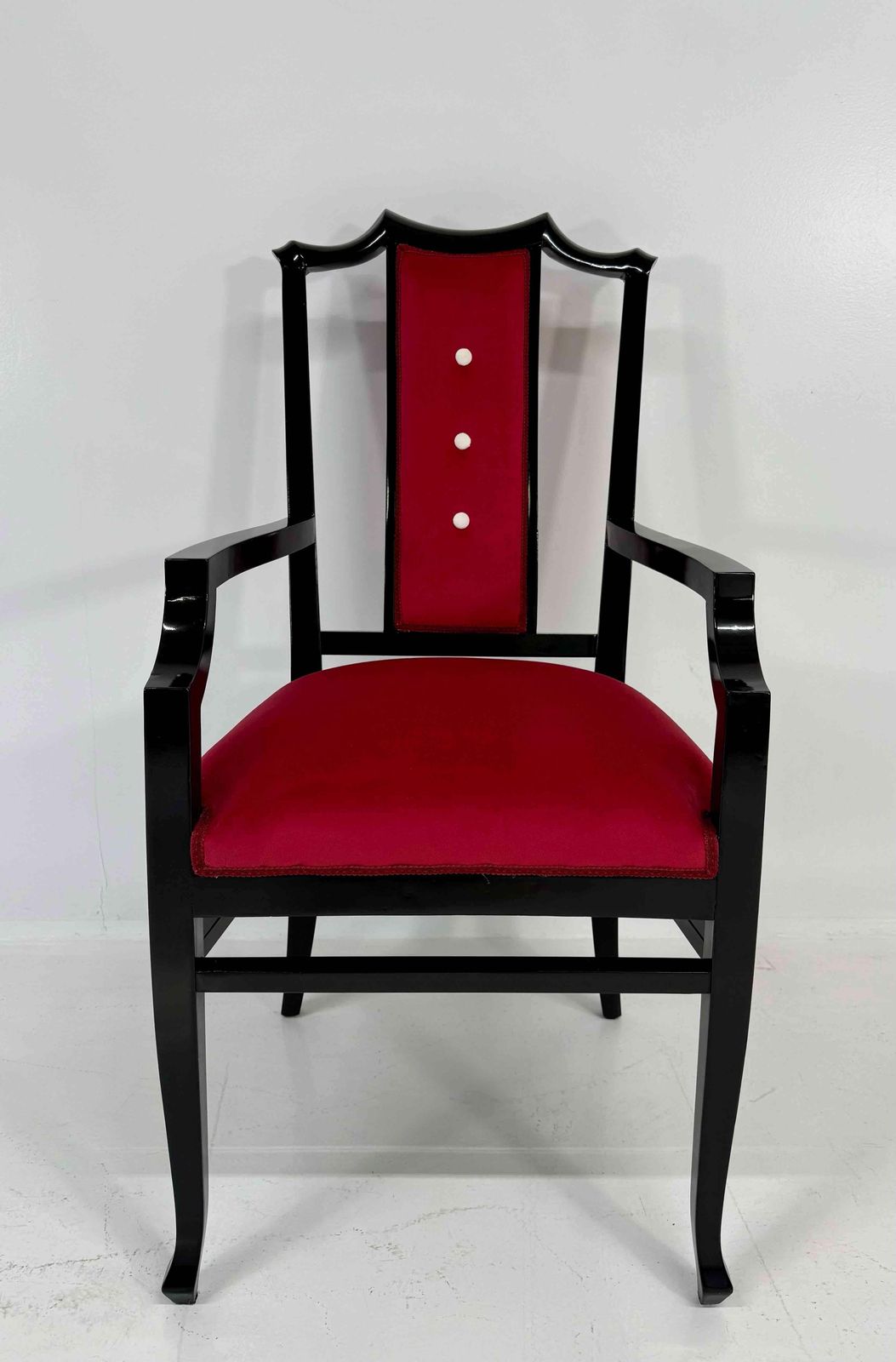 Set Of 8 Seats With 6 Chairs And 2 Armchairs, Black Lacquered Wood And Velvet photo vintage