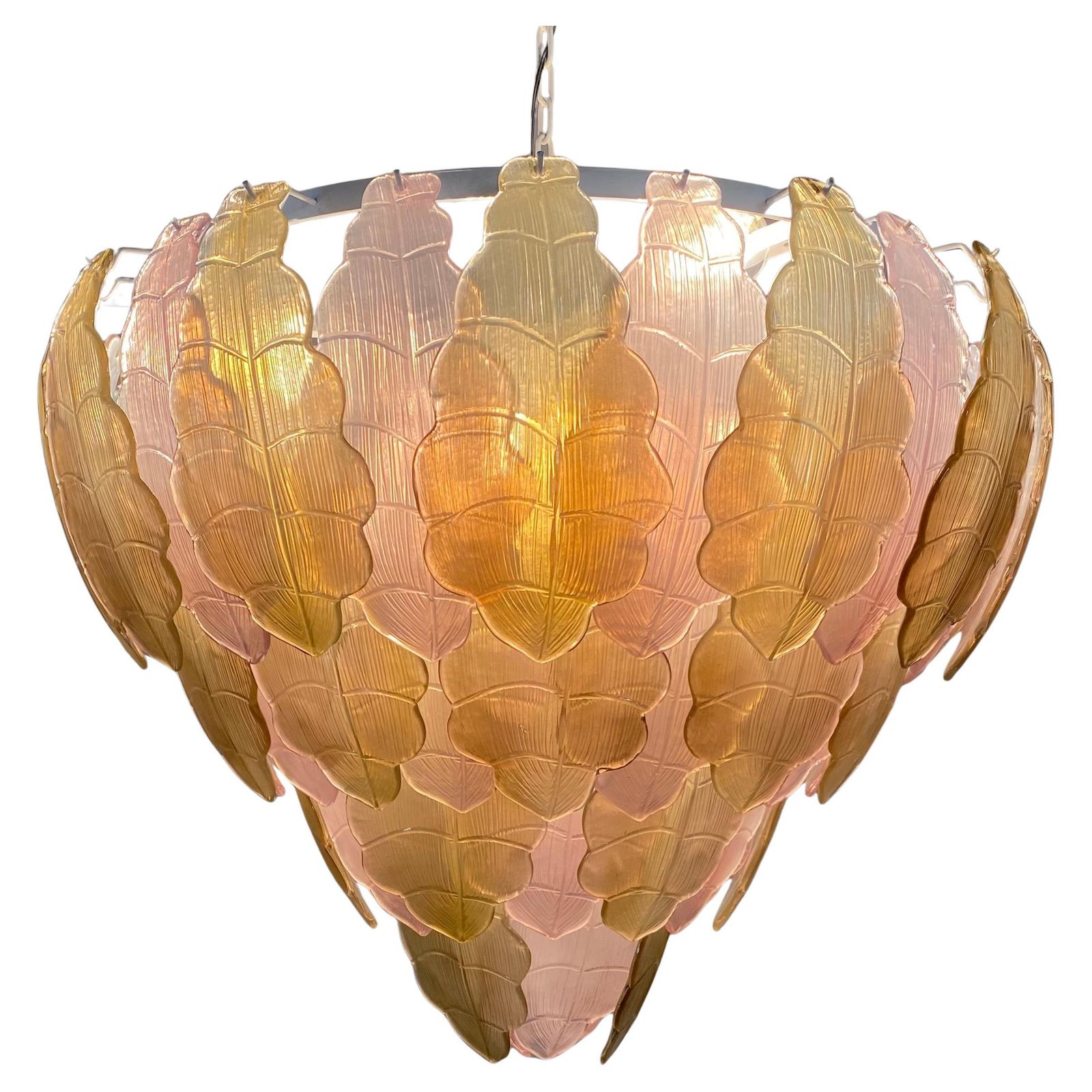 Italian Art Deco Gold And Pink Murano Glass Chandelier