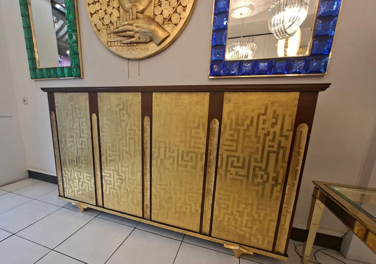 Console Furniture After Eugene Printz With 4 Doors Gold Leaves Lacquered photo for sale