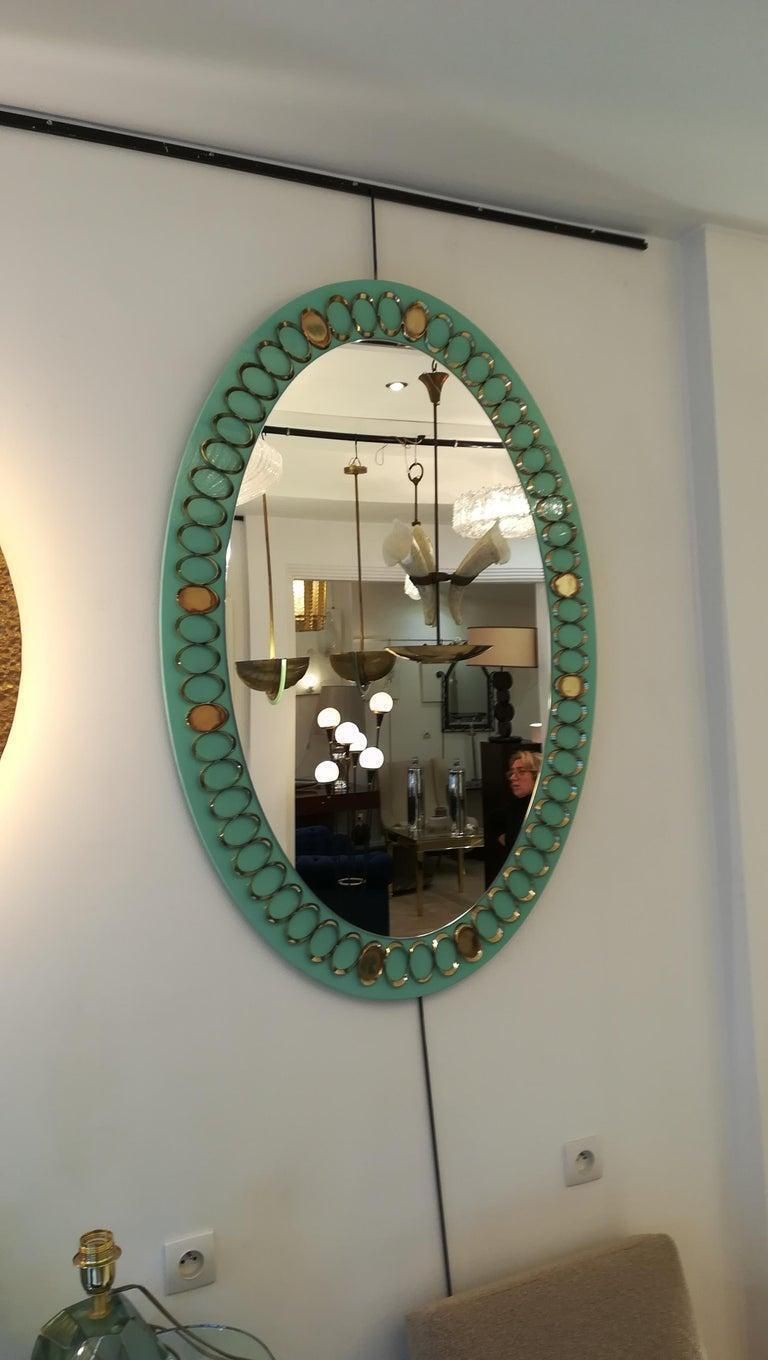 Pair Of 1950s Italian Opaline Glass And Brass Mirrors photo for sale