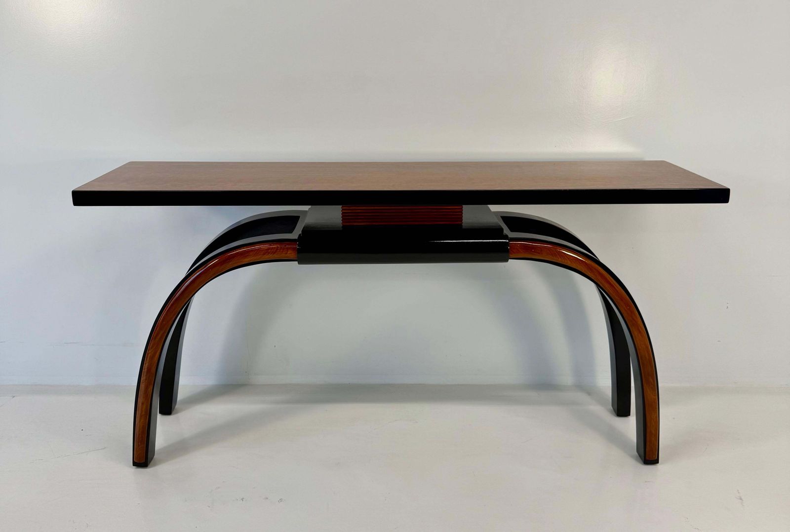 Italian 1940s Art Deco Console In Black Lacquer, Walnut And Maple Burl photo furniture