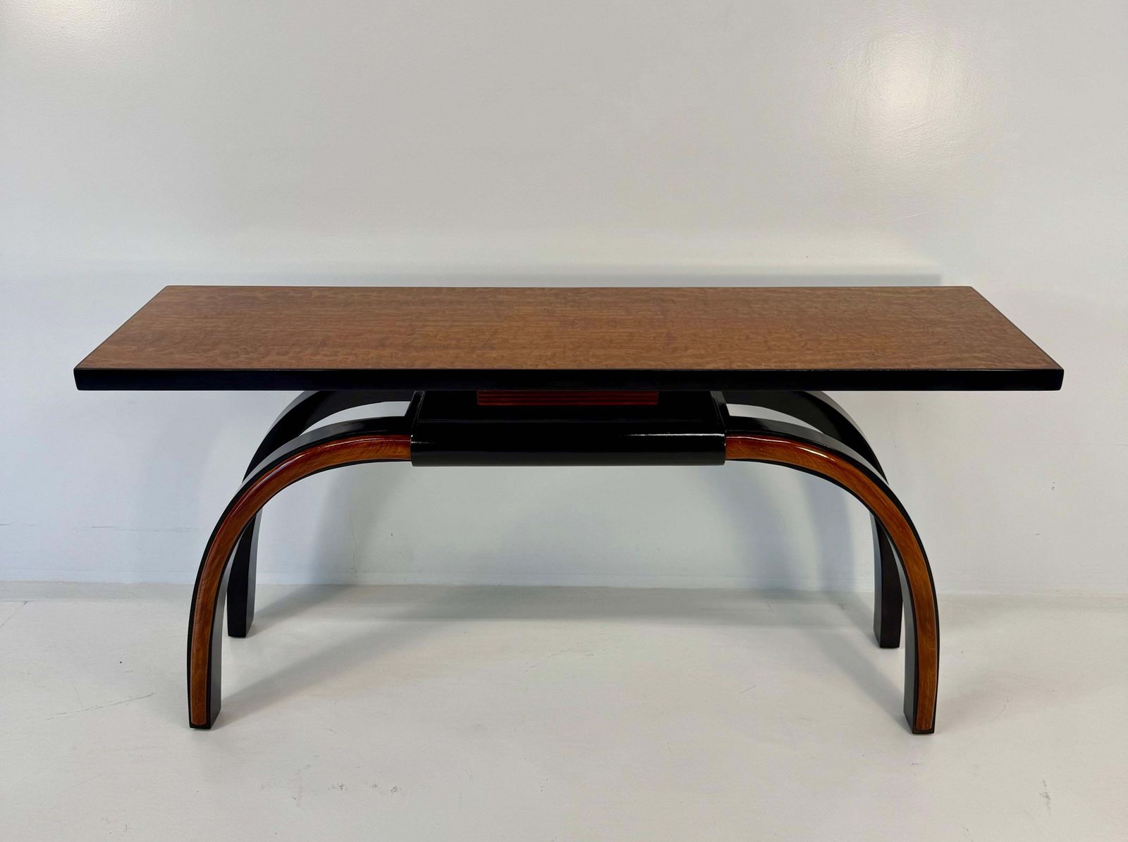 Italian 1940s Art Deco Console In Black Lacquer, Walnut And Maple Burl photo for sale