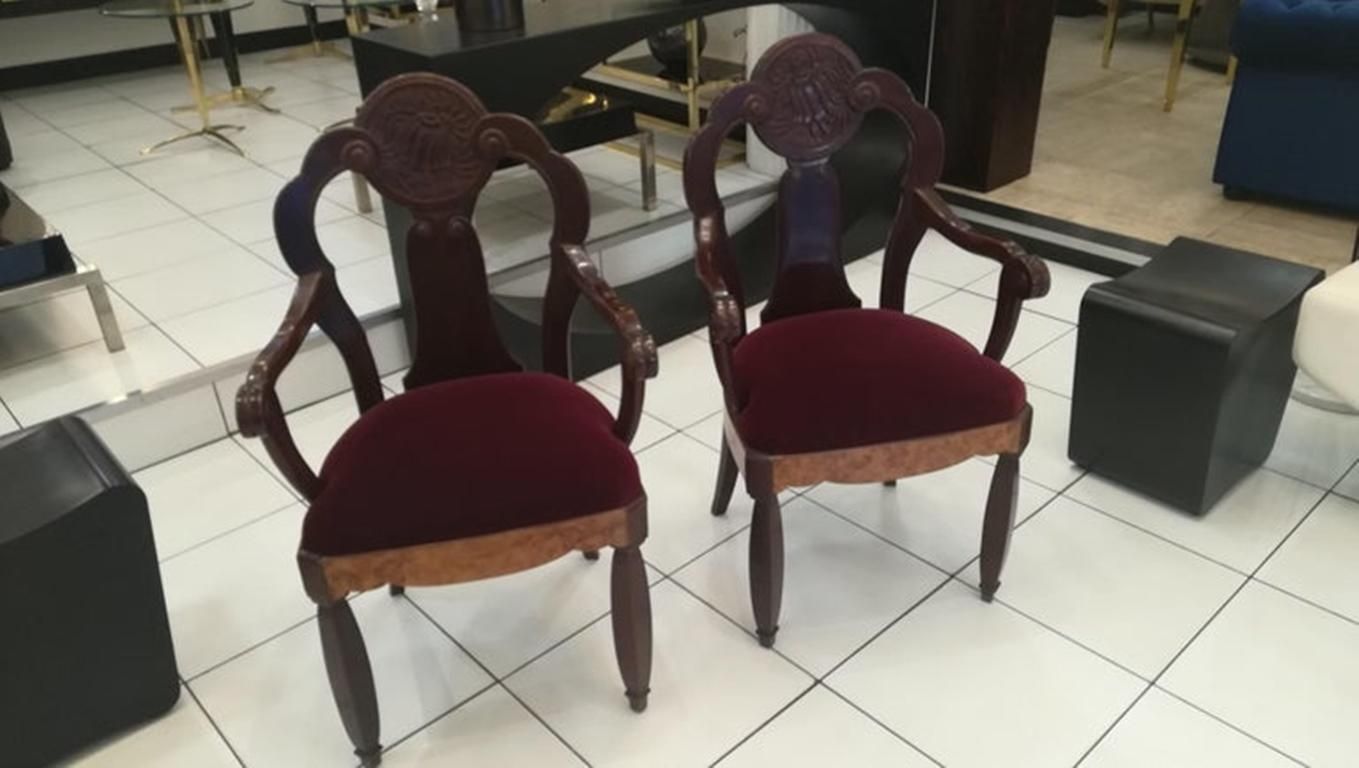photo buy Pair Of Walnut Burl And Amaranth Wood Armchairs, Circa 1925