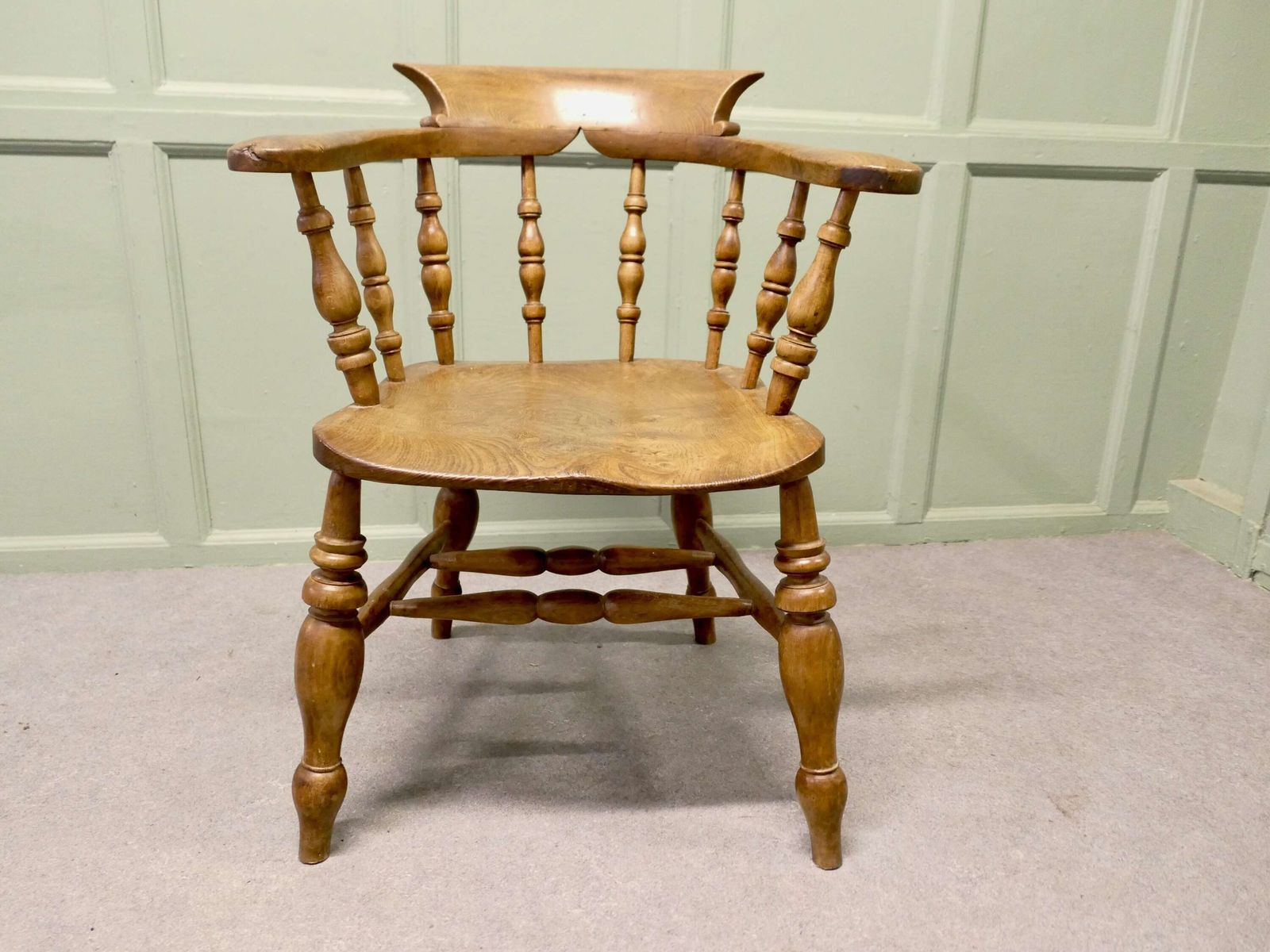 19th Century19th Century Beech And Elm Smokers Bow Office Or Desk Chair
