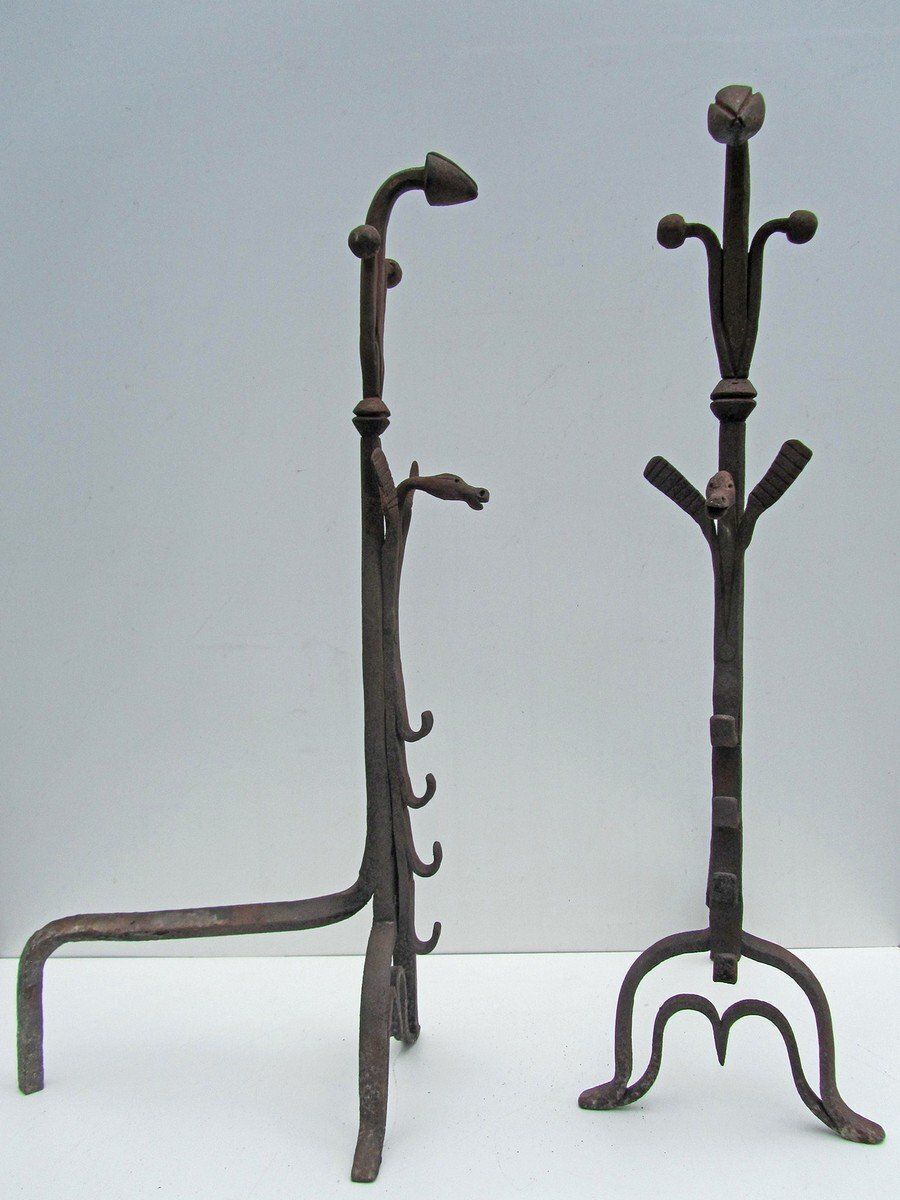 Antique Hand Forged Iron Dragon Gothic Andirons, 1700s, Set Of 2 photo for sale
