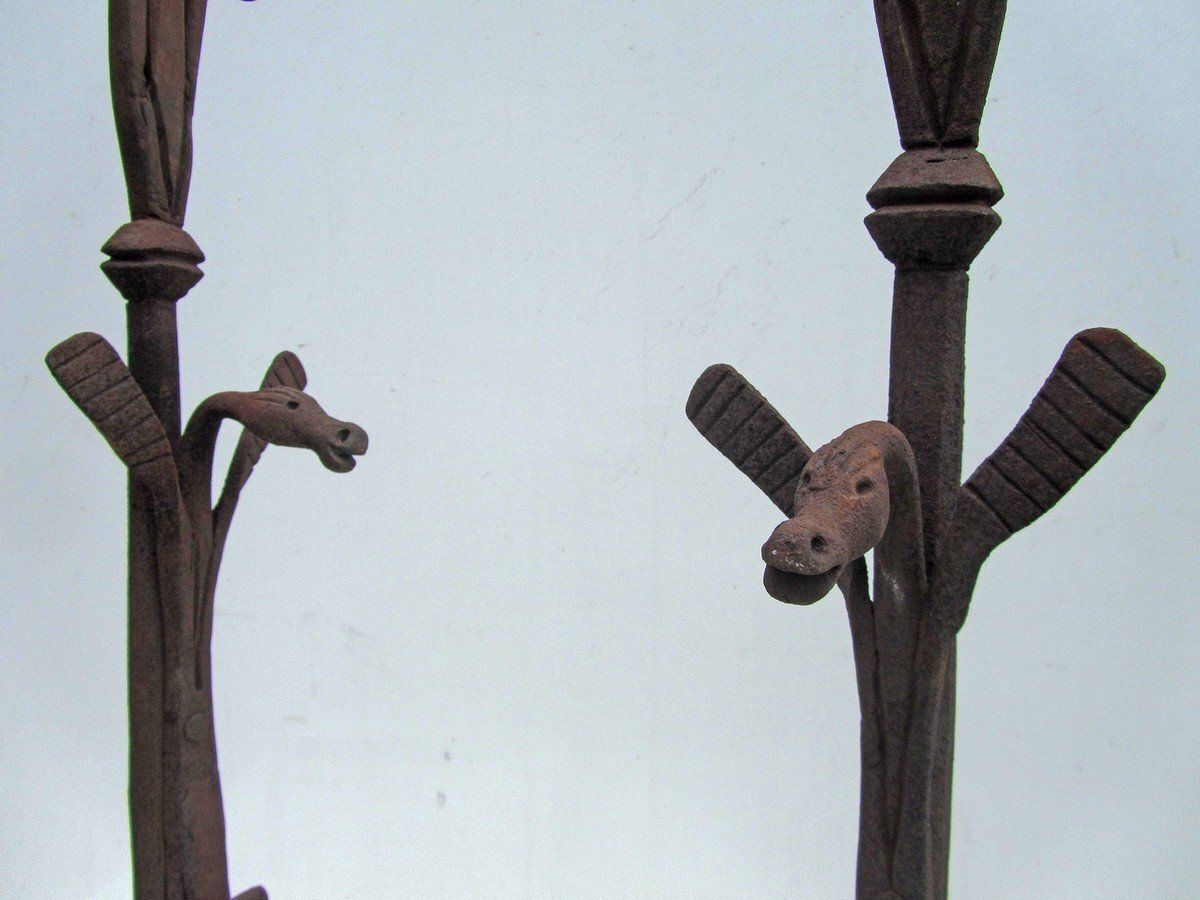 Antique Hand Forged Iron Dragon Gothic Andirons, 1700s, Set Of 2 photo Home Fixtures