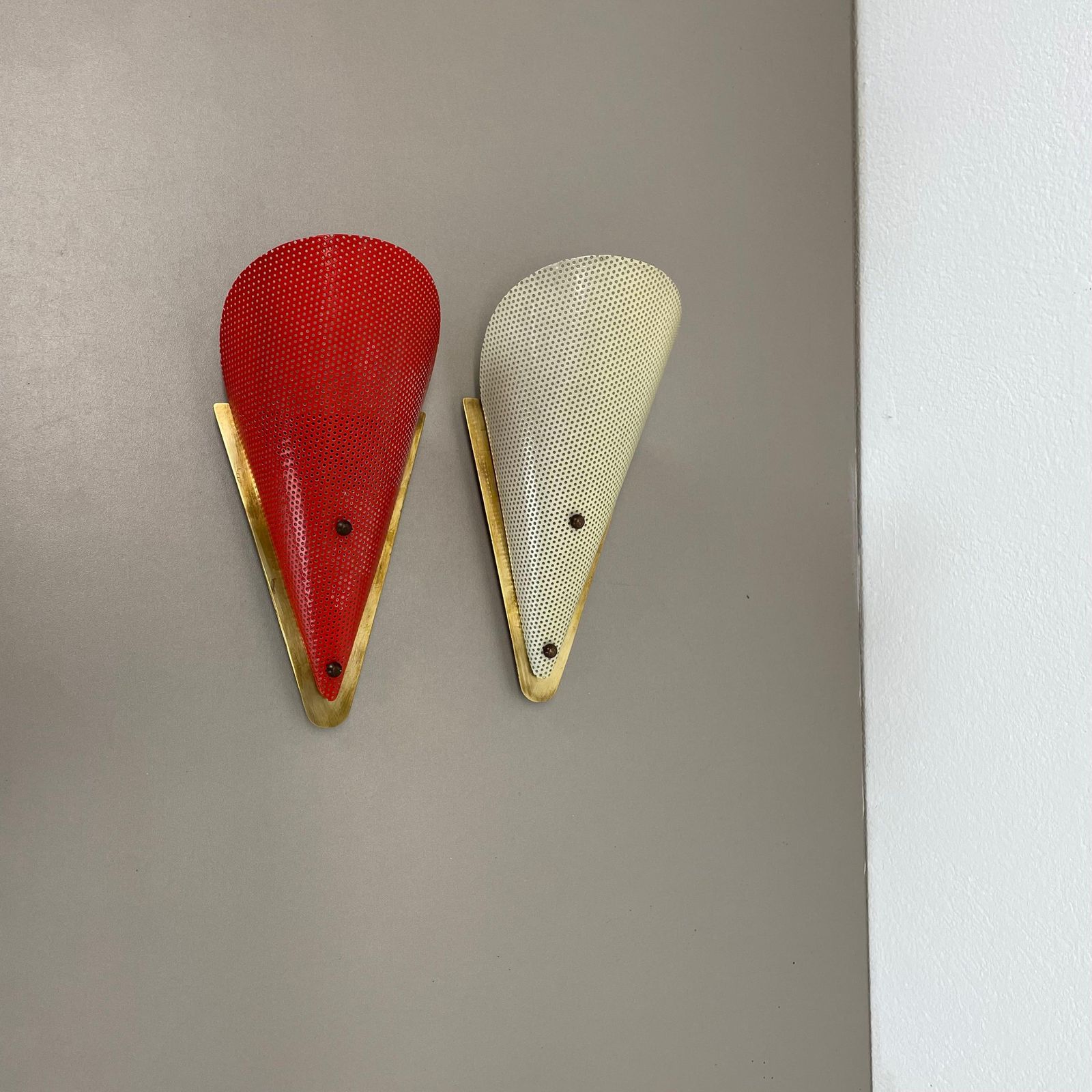 Set Of Two Hole Pattern Theatre Wall Light Sconces Mategot Style, France, 1950 photo for sale