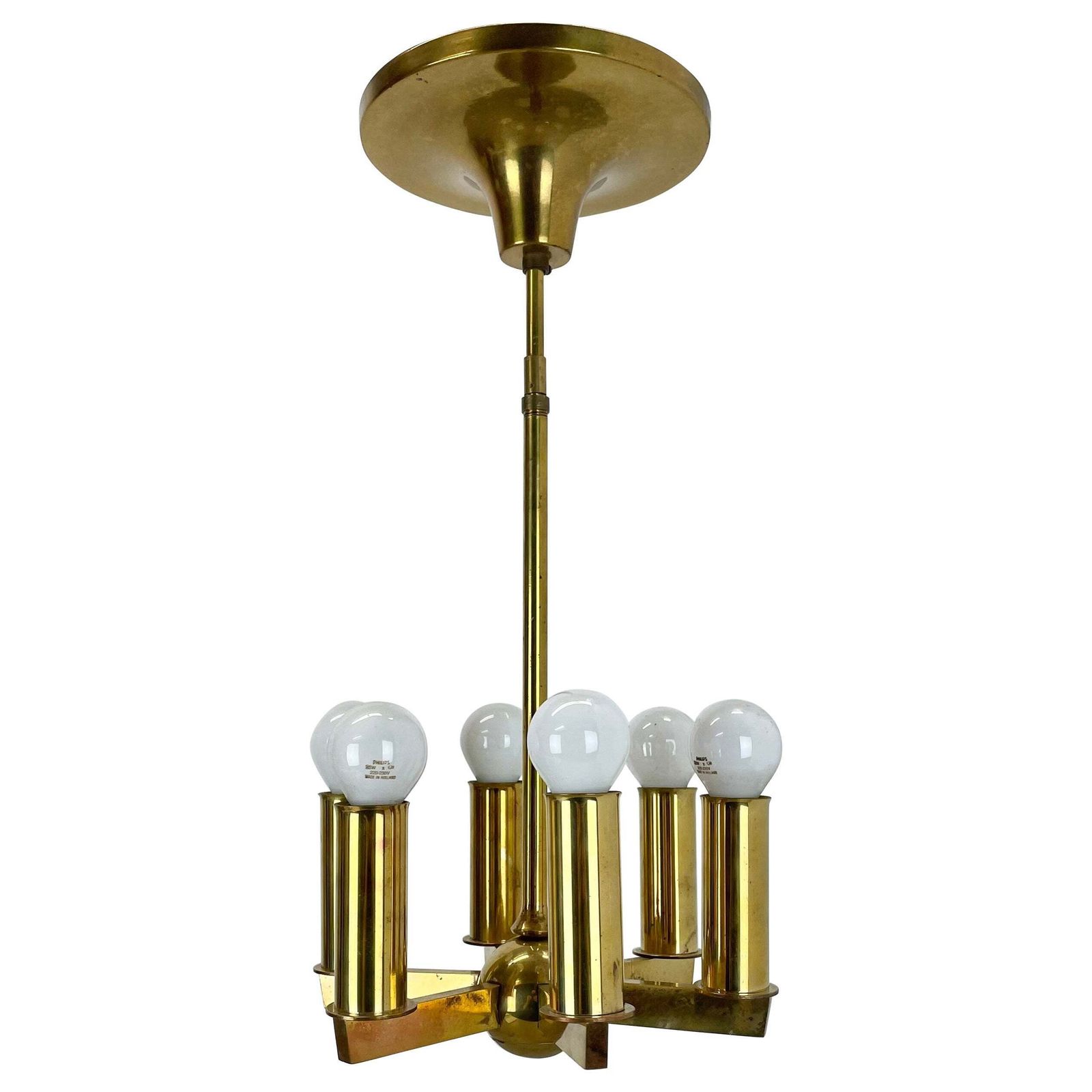 Unique Round Brass Gino Sarfatti Style Hanging Light Chandelier, Italy 1950s