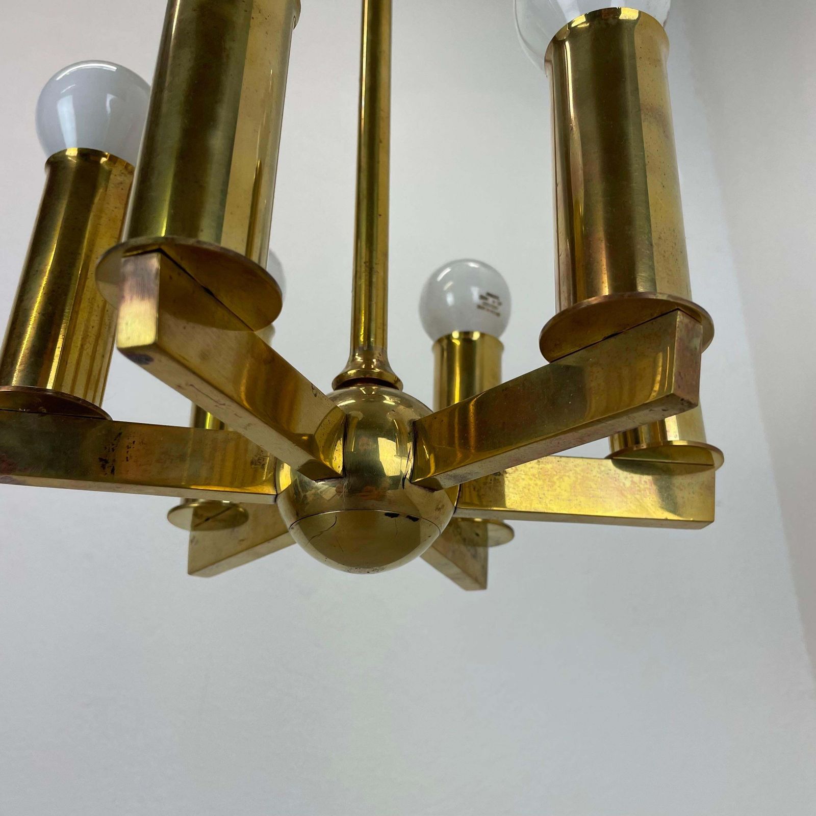 photo for sale Unique Round Brass Gino Sarfatti Style Hanging Light Chandelier, Italy 1950s