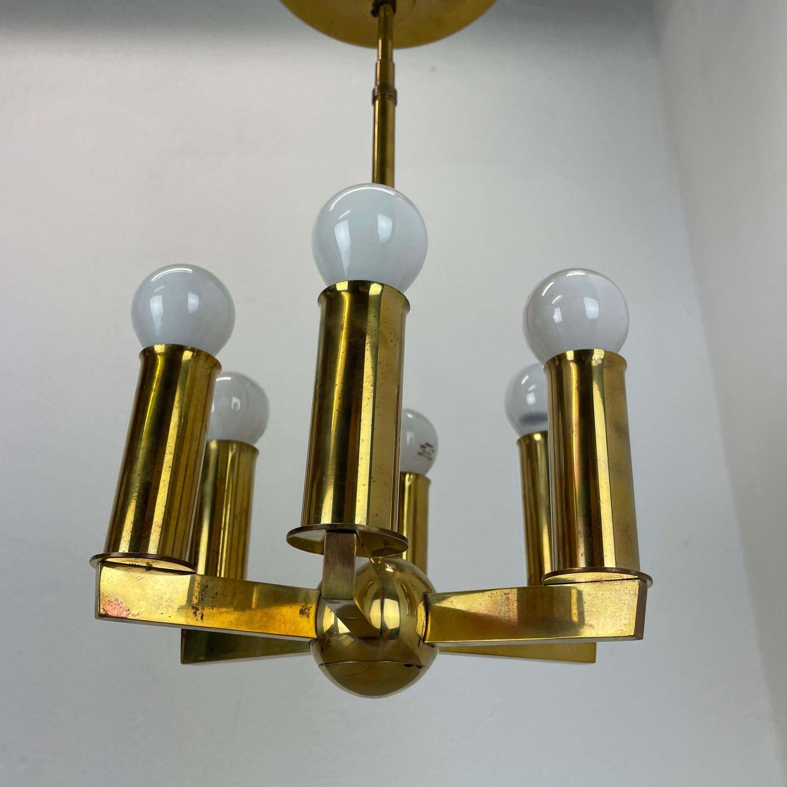 1328.0 Unique Round Brass Gino Sarfatti Style Hanging Light Chandelier, Italy 1950s photo