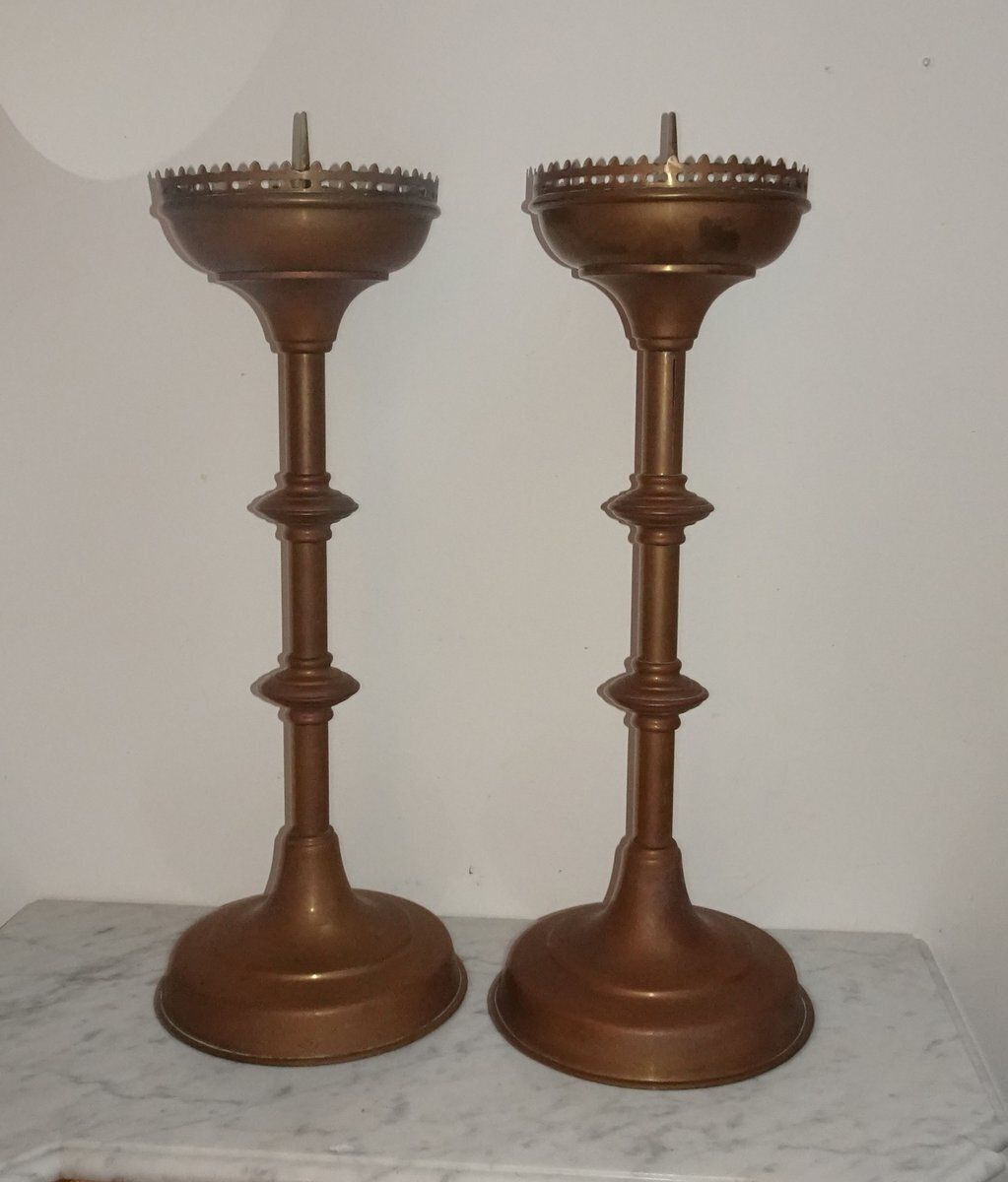 Antique Brass Gothic Church Altar Candlesticks, 1890s, Set Of 2 photo Home Decor