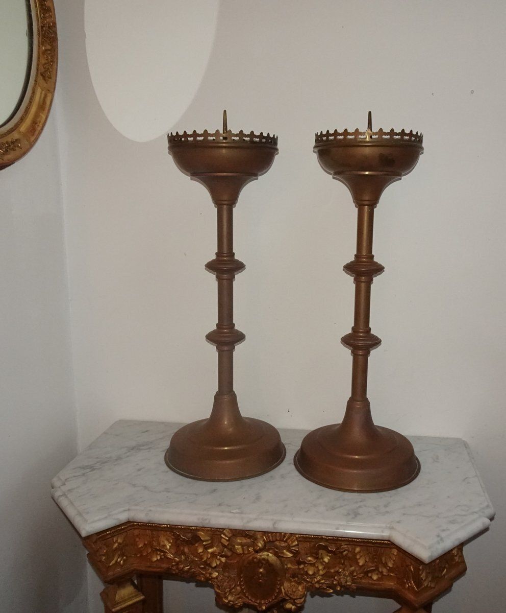 Antique Brass Gothic Church Altar Candlesticks, 1890s, Set Of 2 photo 640.0