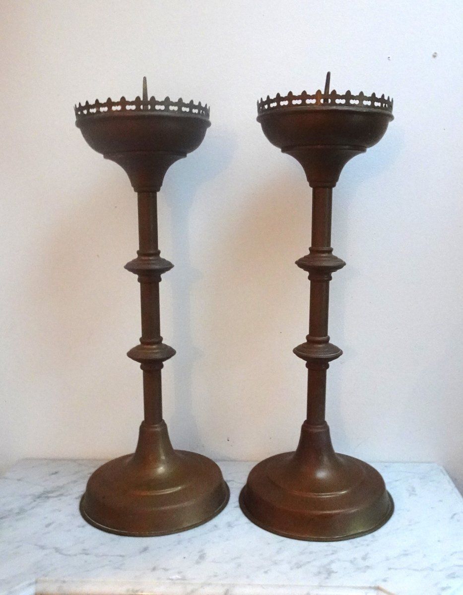 Antique Brass Gothic Church Altar Candlesticks, 1890s, Set Of 2 photo vinterior