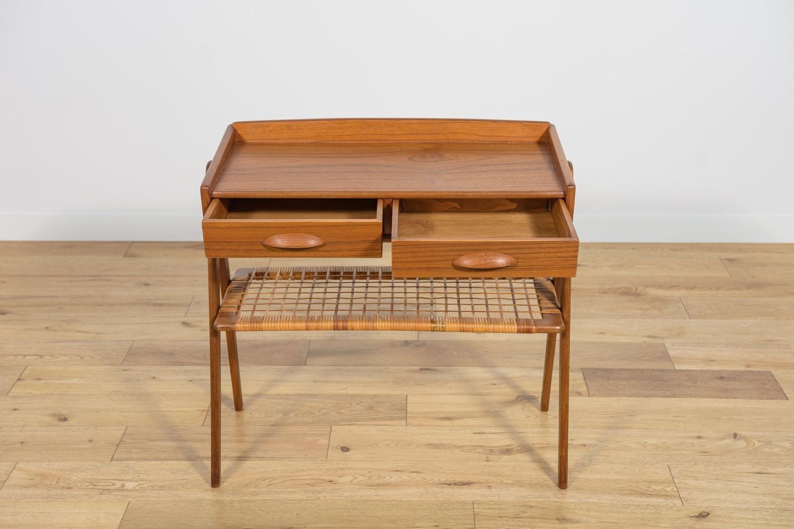 photo for sale Mid Century Teak And Rattan Console Table From Søren Rasmussen, Denmark, 1960s