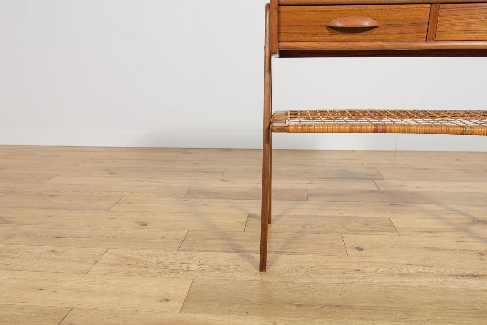 photo vintage Mid Century Teak And Rattan Console Table From Søren Rasmussen, Denmark, 1960s