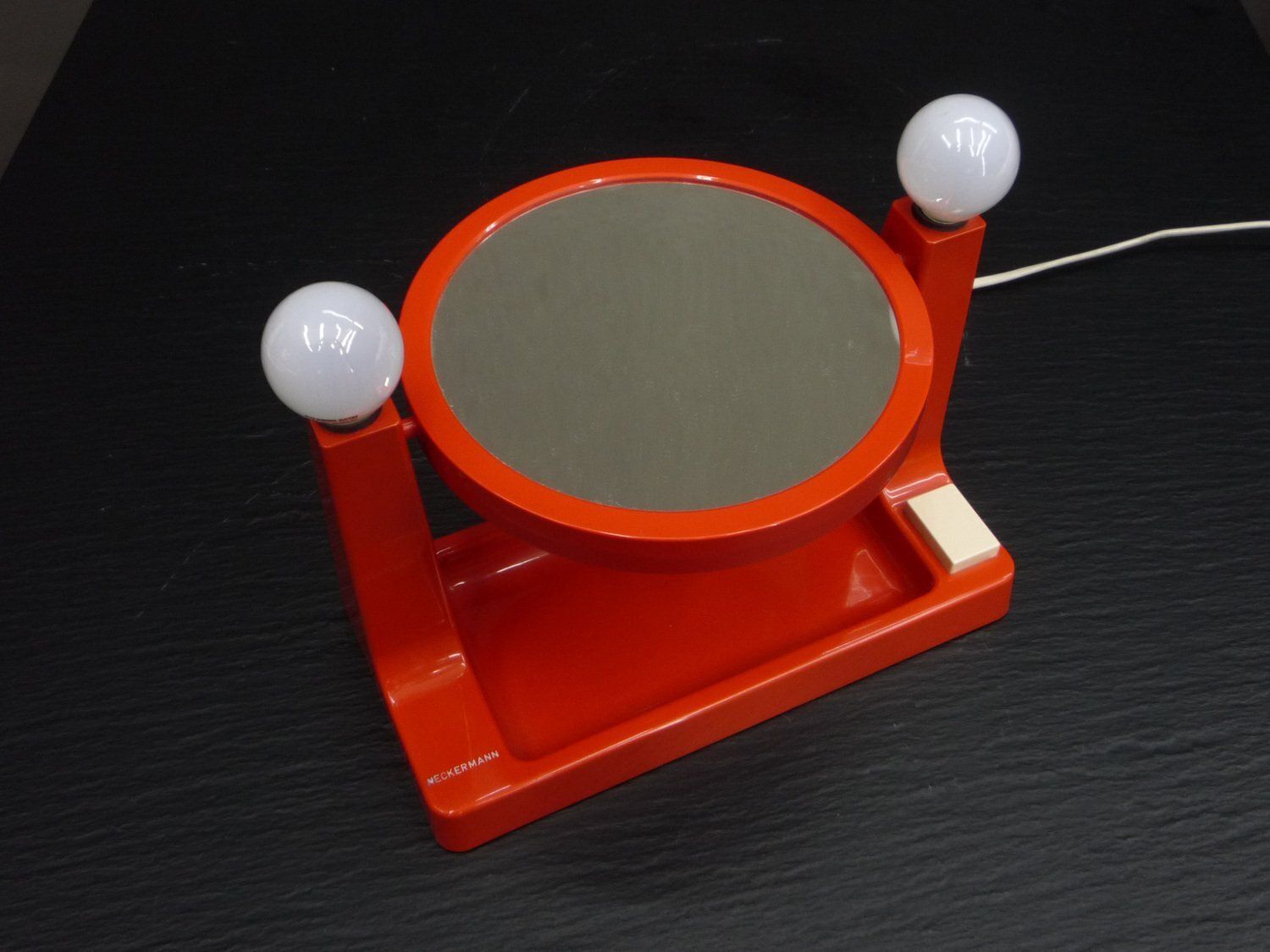 Space Age Orange Plastic Makeup Mirror With Lighting By Neckermann, 1970s photo vinterior