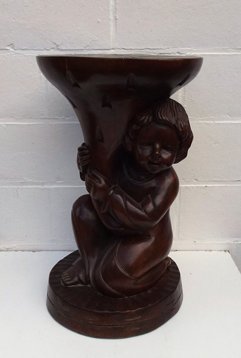 photo furniture Carved Wooden Plant Stand In Teak, 1970s