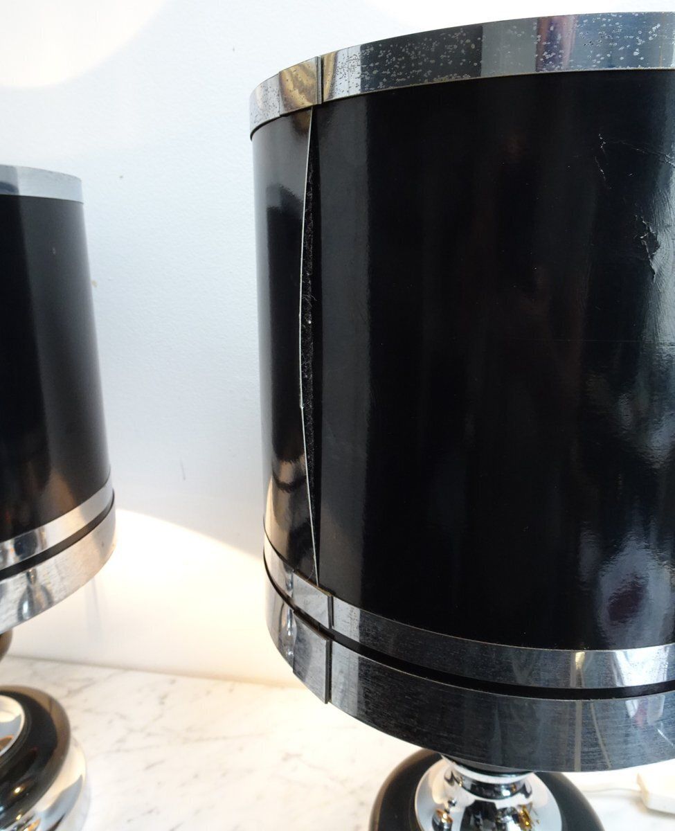 photo vintage Vintage Space Age Chrome And Black Table Lamps From Massive, 1970s, Set Of 2