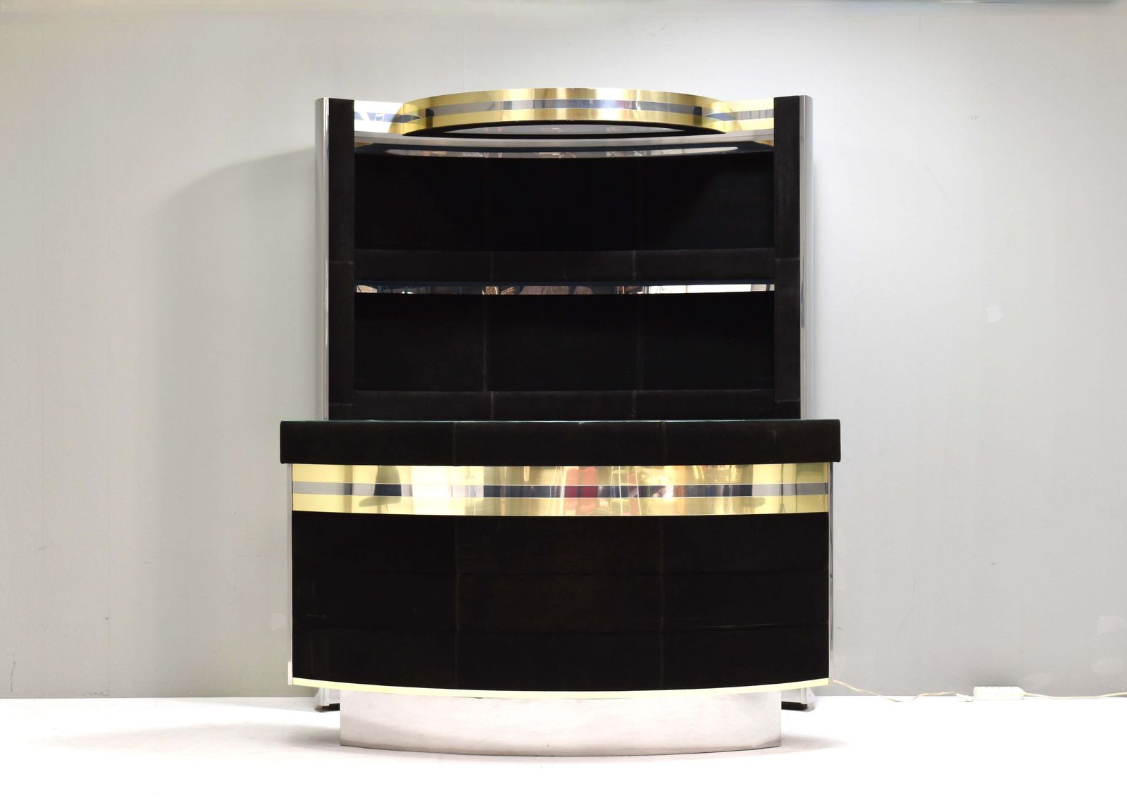Hollywood Regency Bar In The Style Of Willy Rizzo Black Suede Brass Chrome 1970s photo furniture