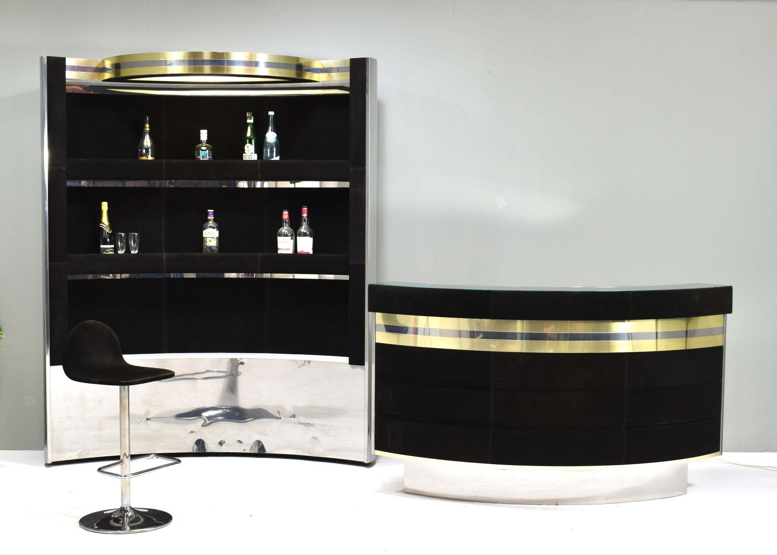 Hollywood Regency Bar In The Style Of Willy Rizzo Black Suede Brass Chrome 1970s photo Furniture