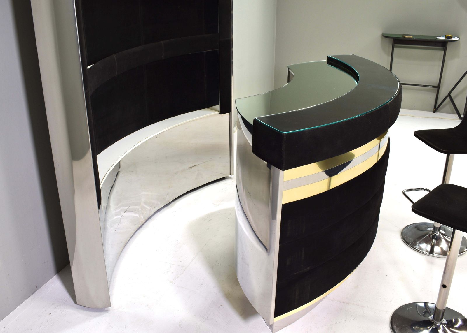 12999.0 Hollywood Regency Bar In The Style Of Willy Rizzo Black Suede Brass Chrome 1970s photo