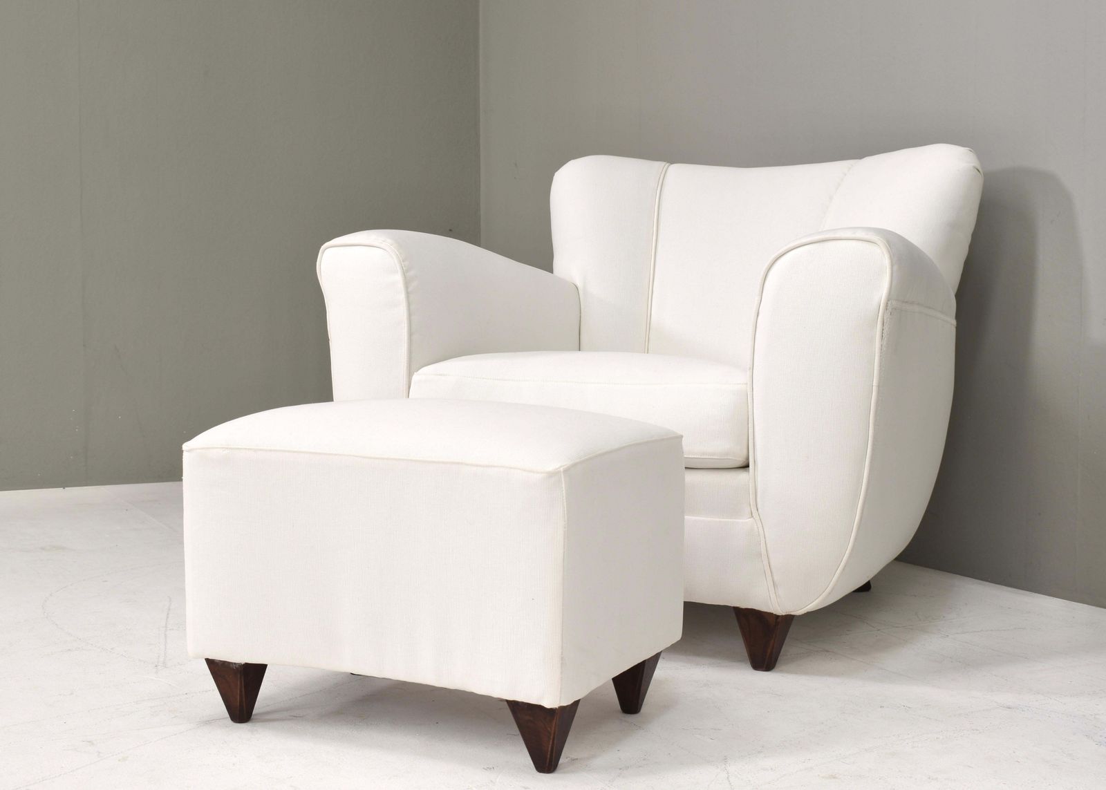 Italia Lounge Armchair With Pouf In Cream White Fabric – Italy, Circa 1940s photo Furniture