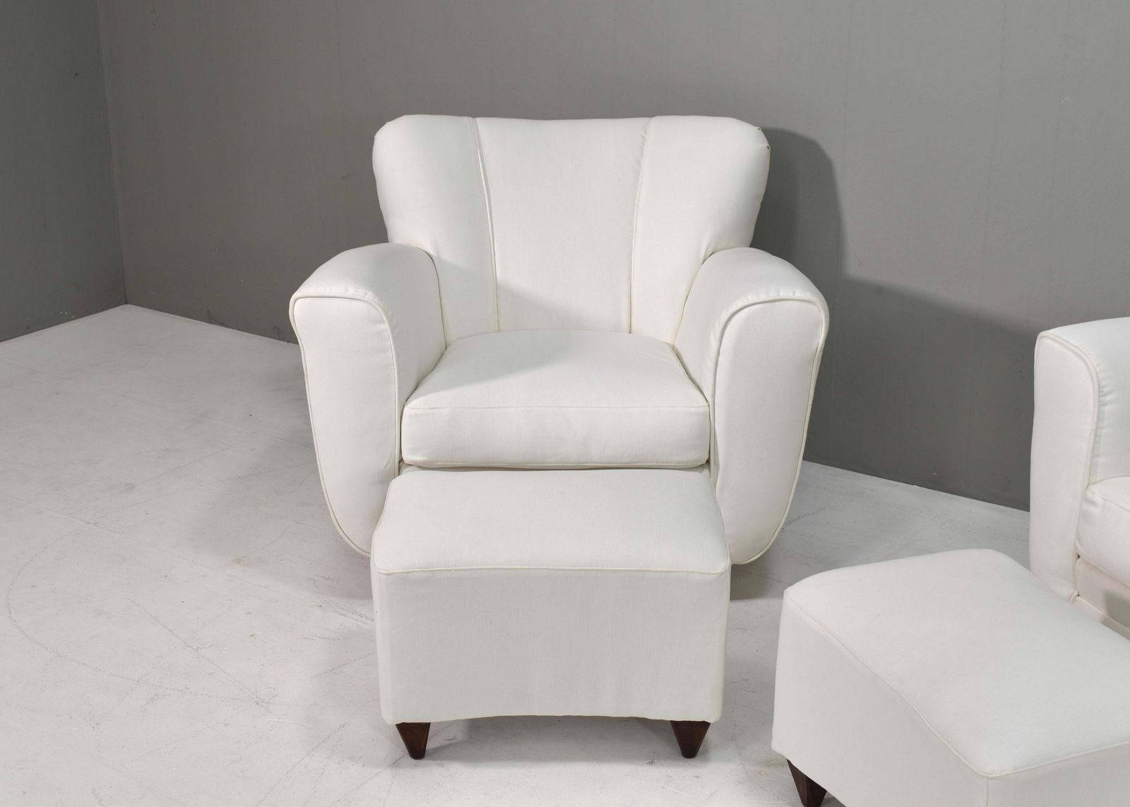 Italia Lounge Armchair With Pouf In Cream White Fabric – Italy, Circa 1940s photo buy