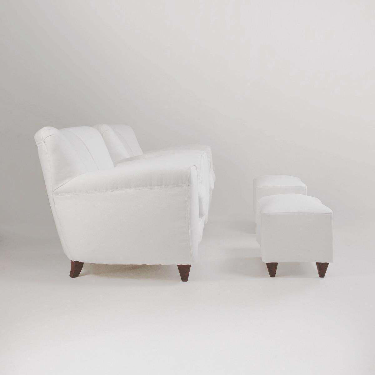 Italia Lounge Armchair With Pouf In Cream White Fabric – Italy, Circa 1940s photo vintage
