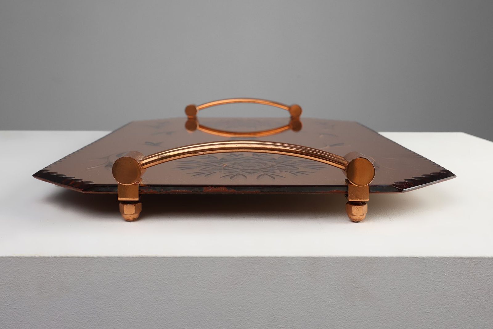 Art Deco Mirrored Glass And Copper Tray, Belgium, 1920s photo vinterior