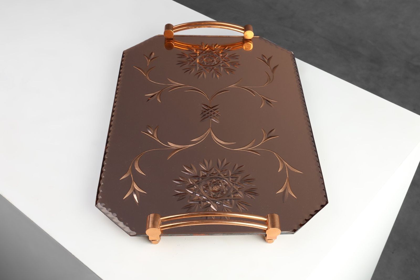 Art Deco Mirrored Glass And Copper Tray, Belgium, 1920s photo buy