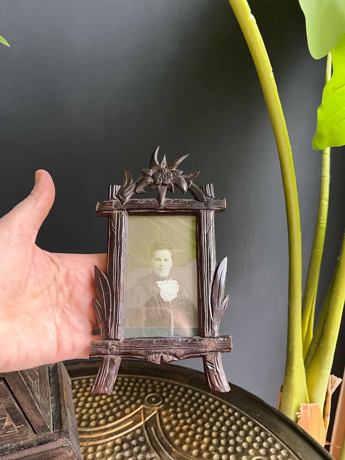 photo furniture Tramp Art Picture Frame: Hand Carved Folk Art Wood, Swiss 1900s