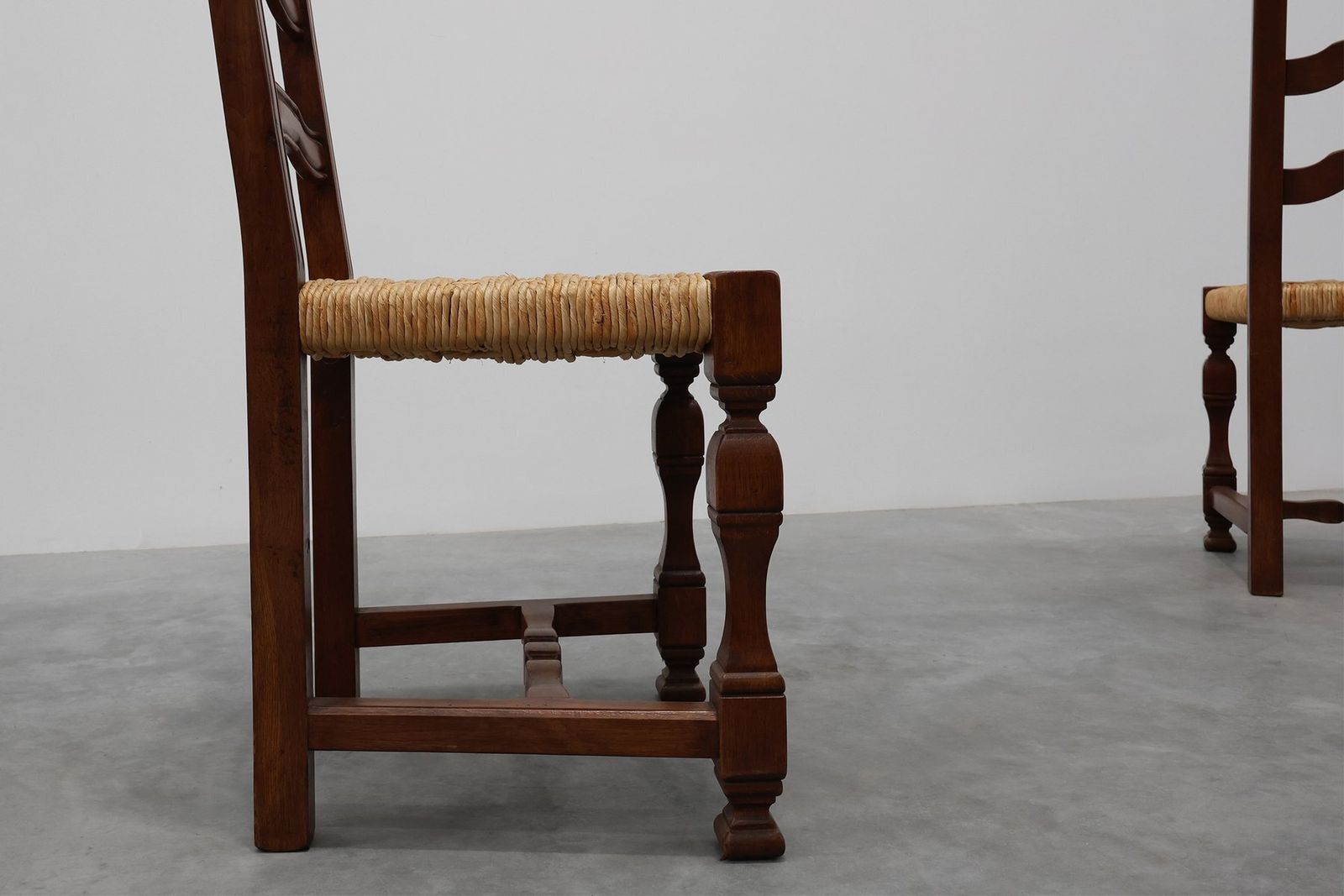 Mid Century Brutalist Chairs In Wood And Wicker, Belgium, 1970s, Set Of 8 photo 8327.0