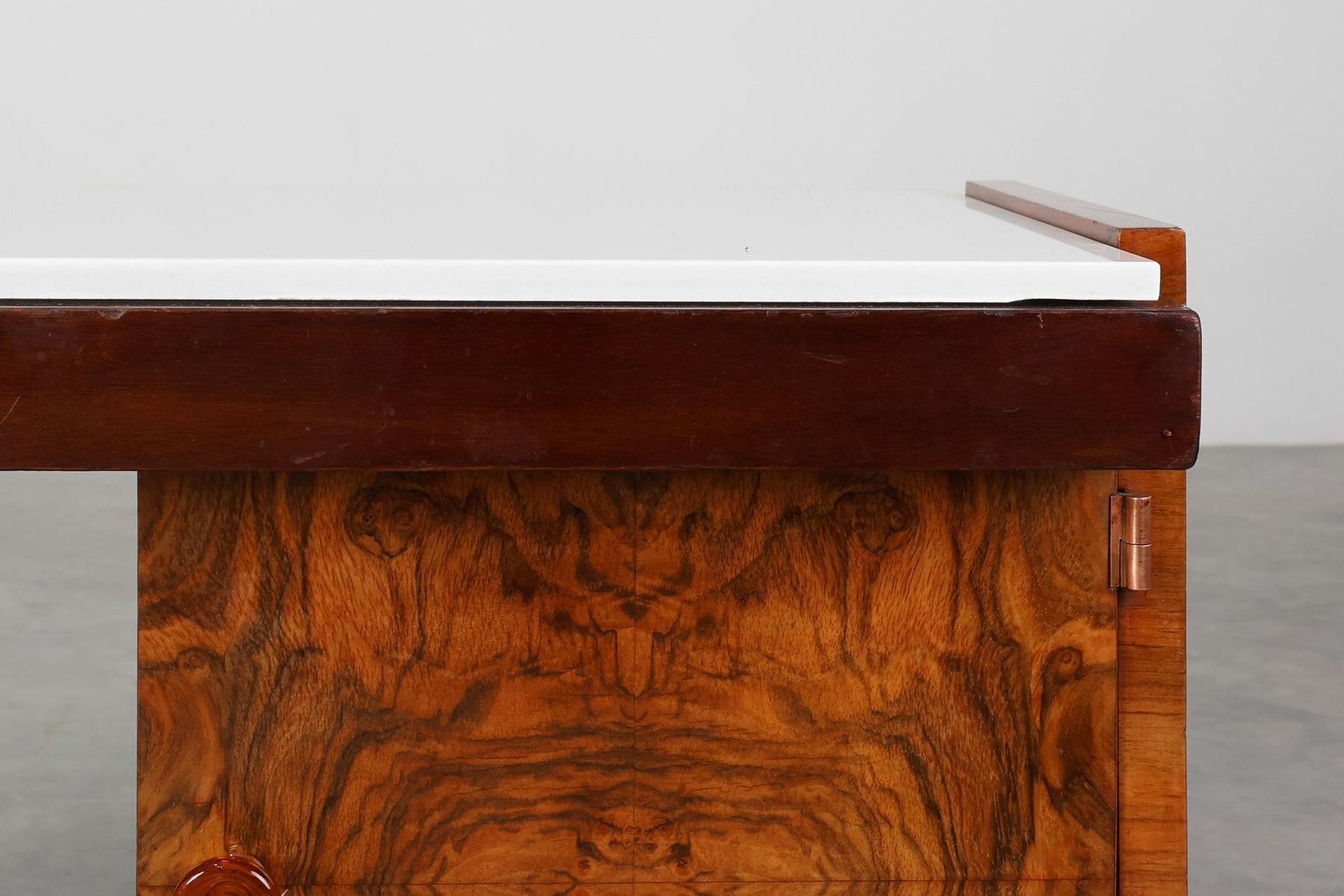 Vintage Art Deco Belgian Cabinet In Burl Veneer With Marble And Glass, 1930 photo vinterior