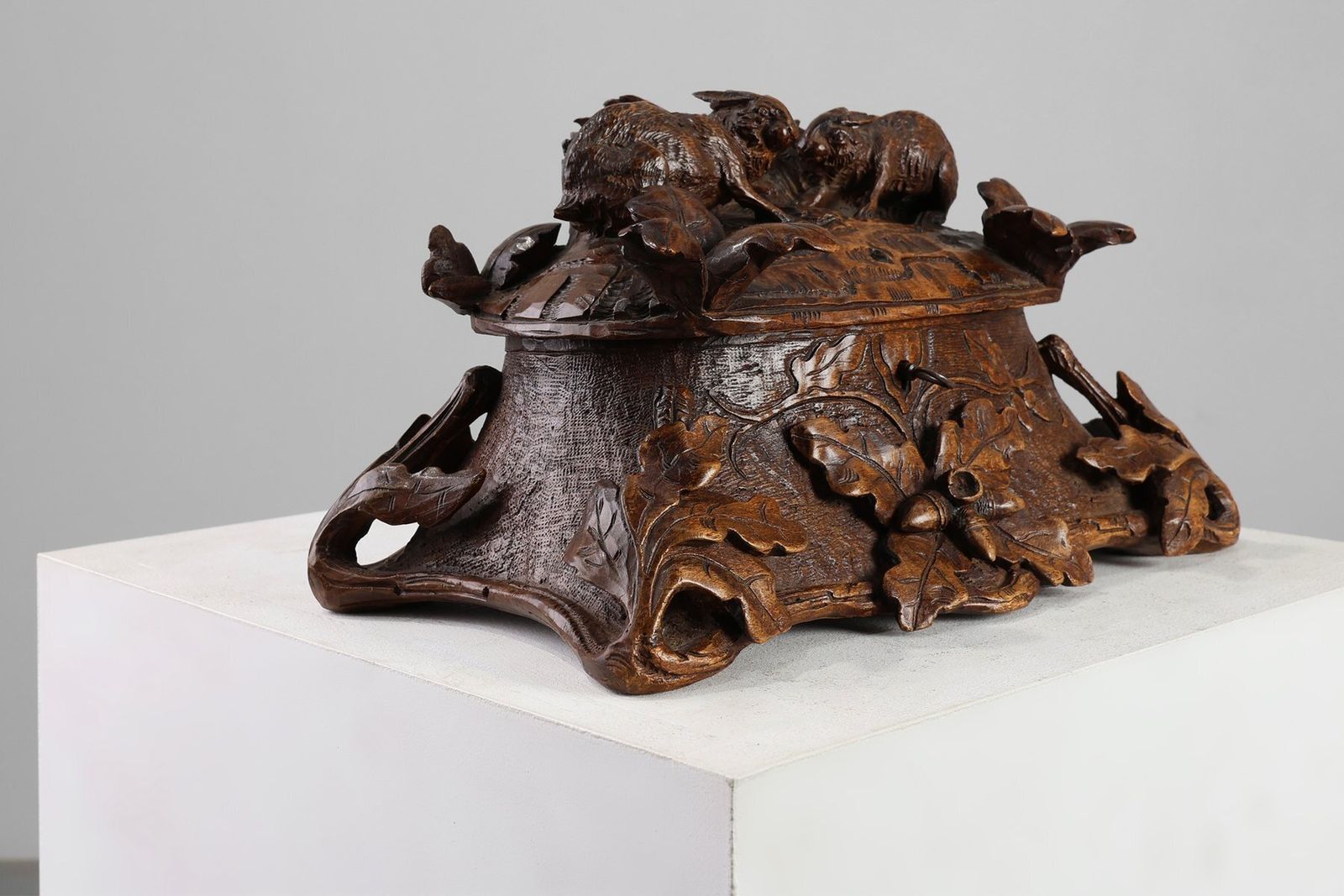 photo for sale Antique Swiss Black Forest Hand Carved Jewelry Box In Oak, 1800s