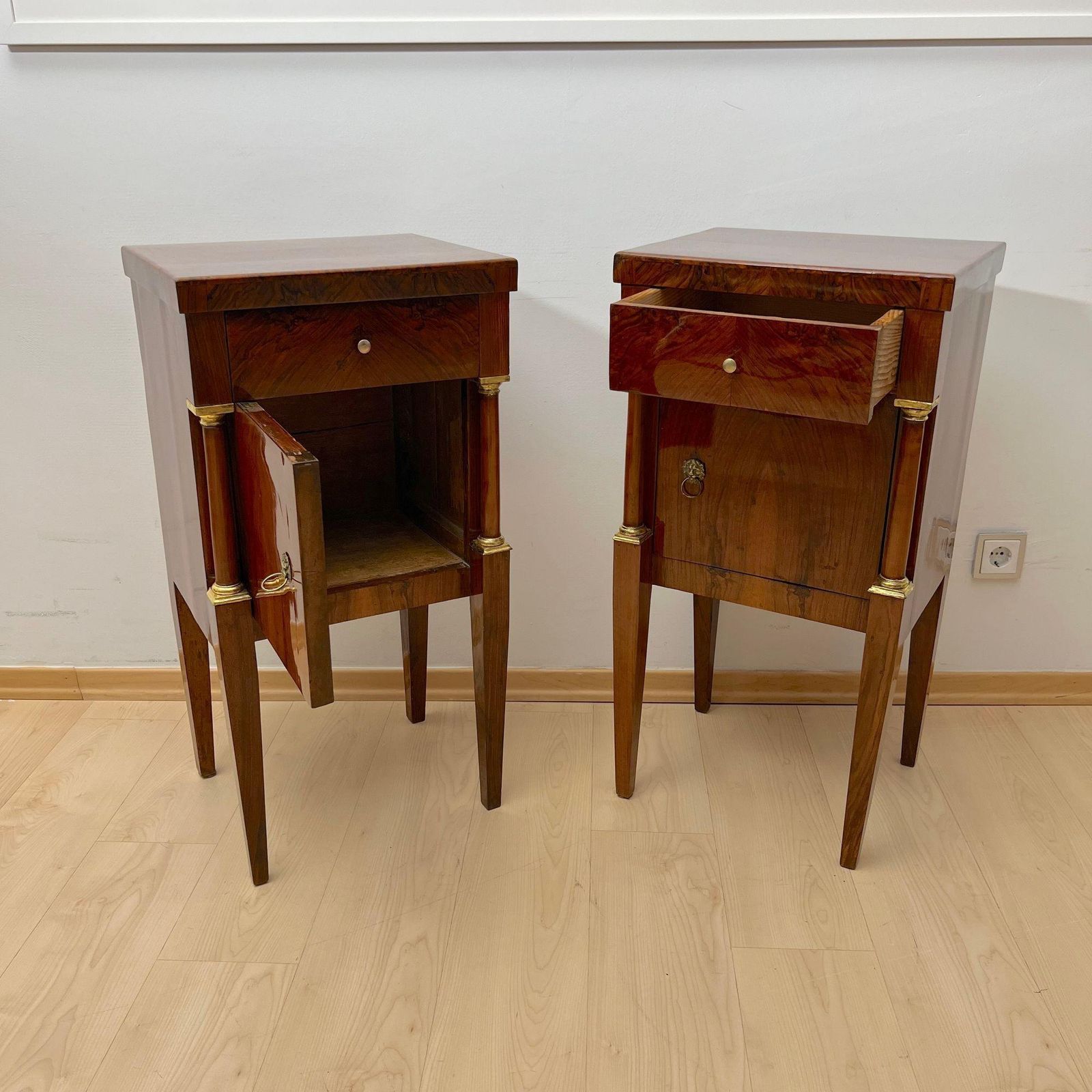 Empire Nightstands, Walnut, Full Columns, Gold Leaf, Brass, Italy, Circa 1810 photo vintage