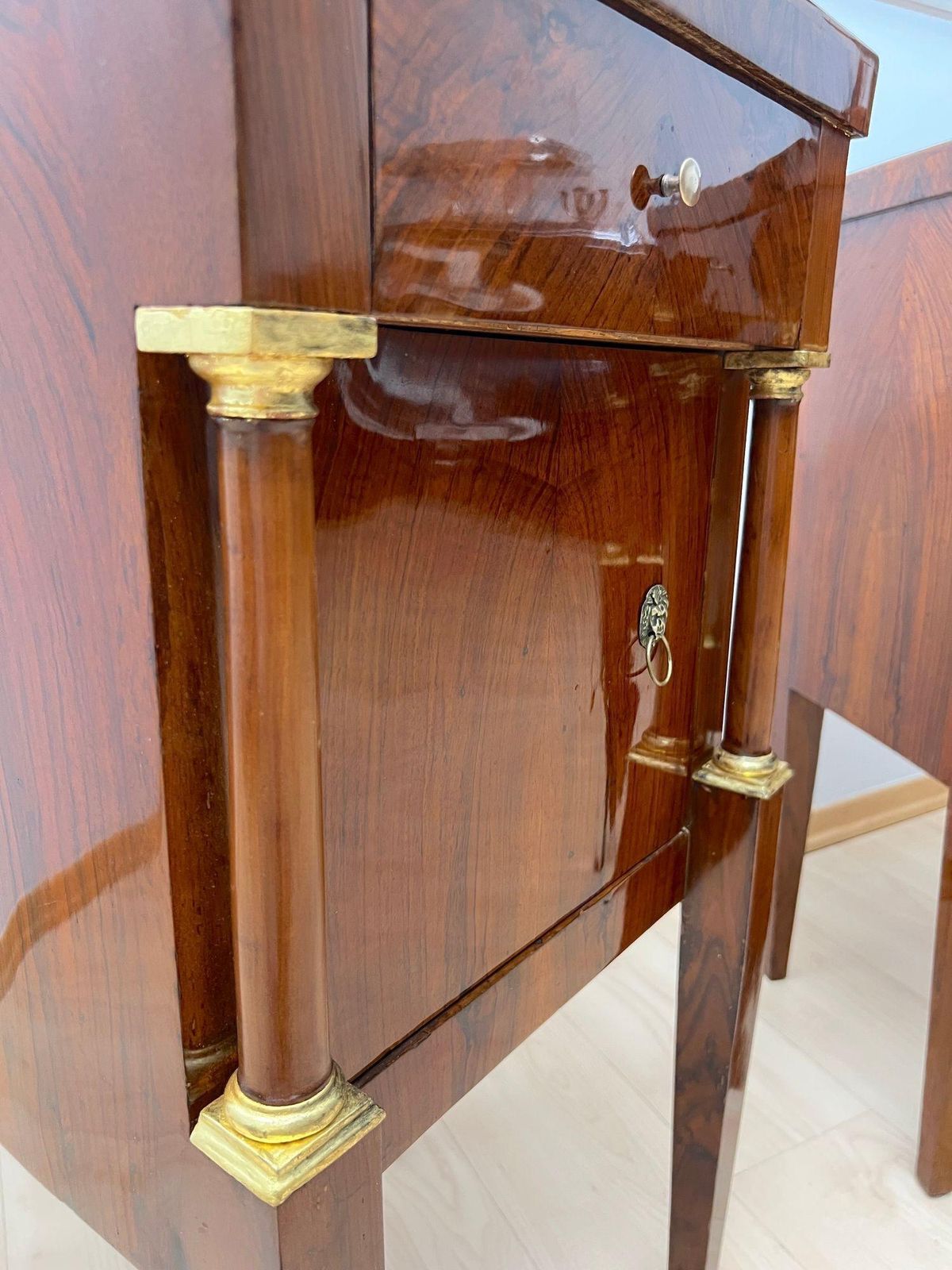 5383.0 Empire Nightstands, Walnut, Full Columns, Gold Leaf, Brass, Italy, Circa 1810 photo