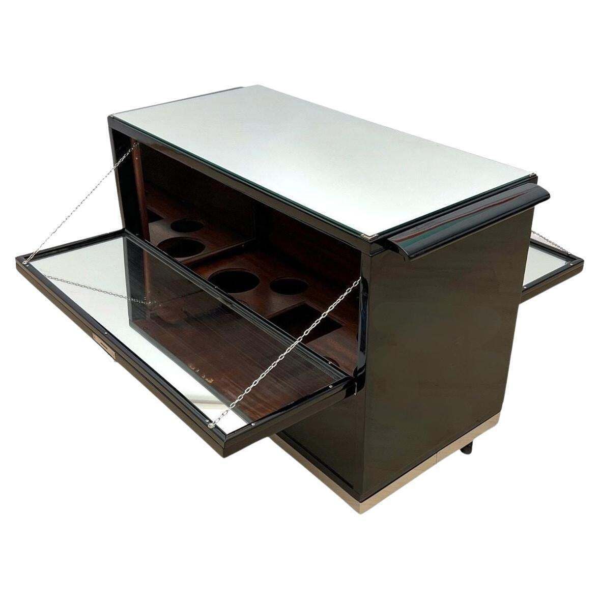 Art Deco Bar Cart, Black Lacquer, Mahogany, Mirrors, Chrome, France Circa 1930