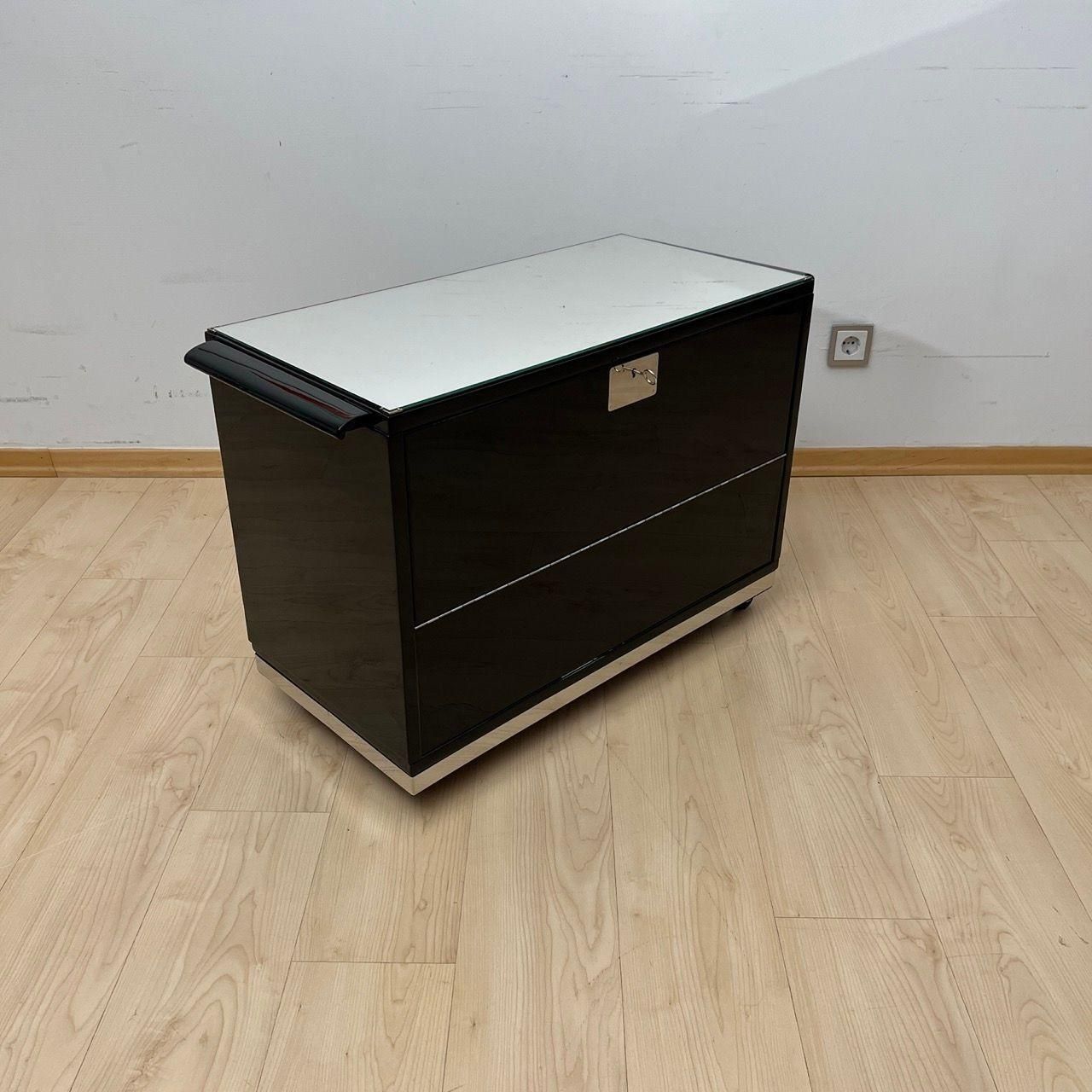 Art Deco Bar Cart, Black Lacquer, Mahogany, Mirrors, Chrome, France Circa 1930 photo Home Decor