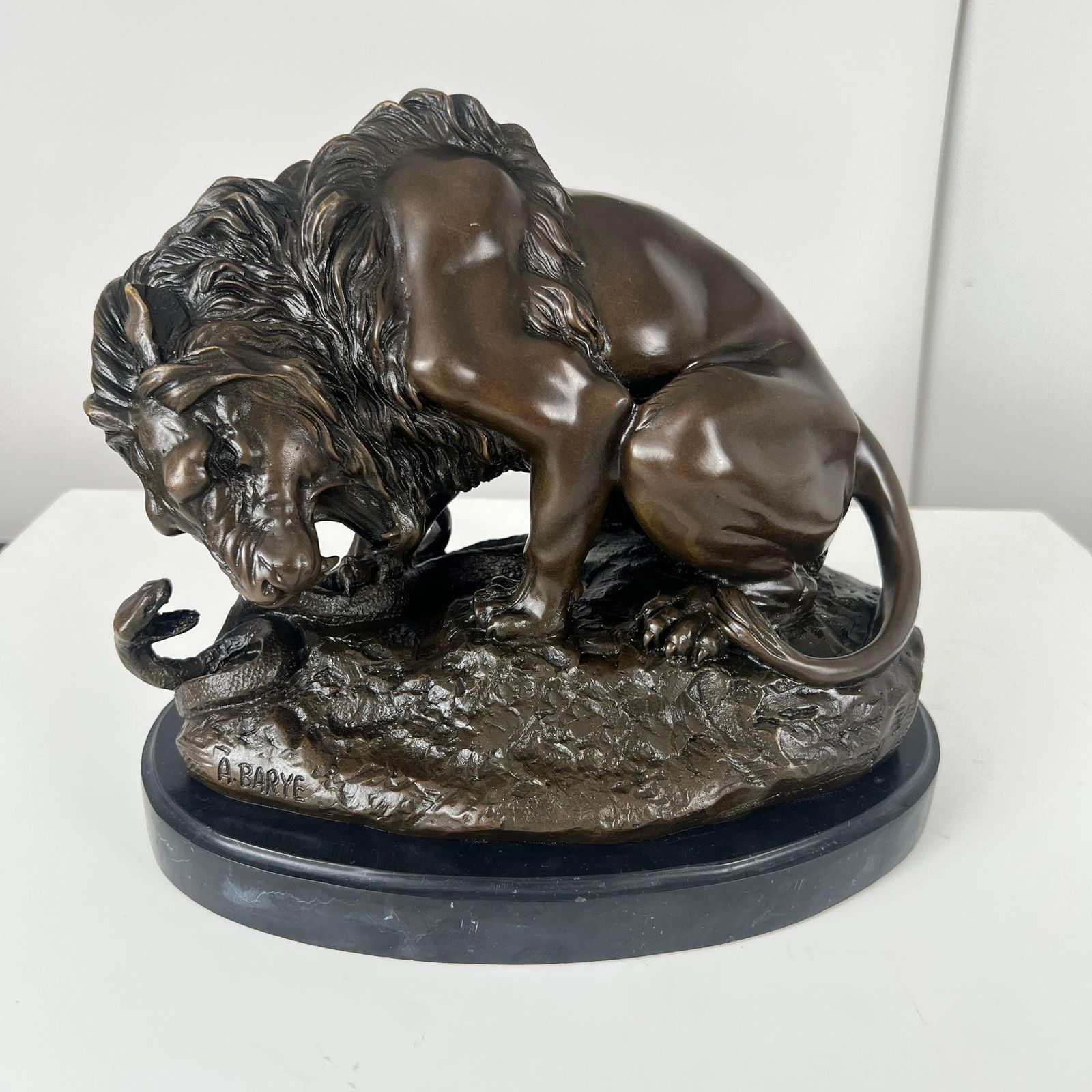 Bronze Sculpture, Lion With Snake, After A. Barye, France, 20th Century. photo buy
